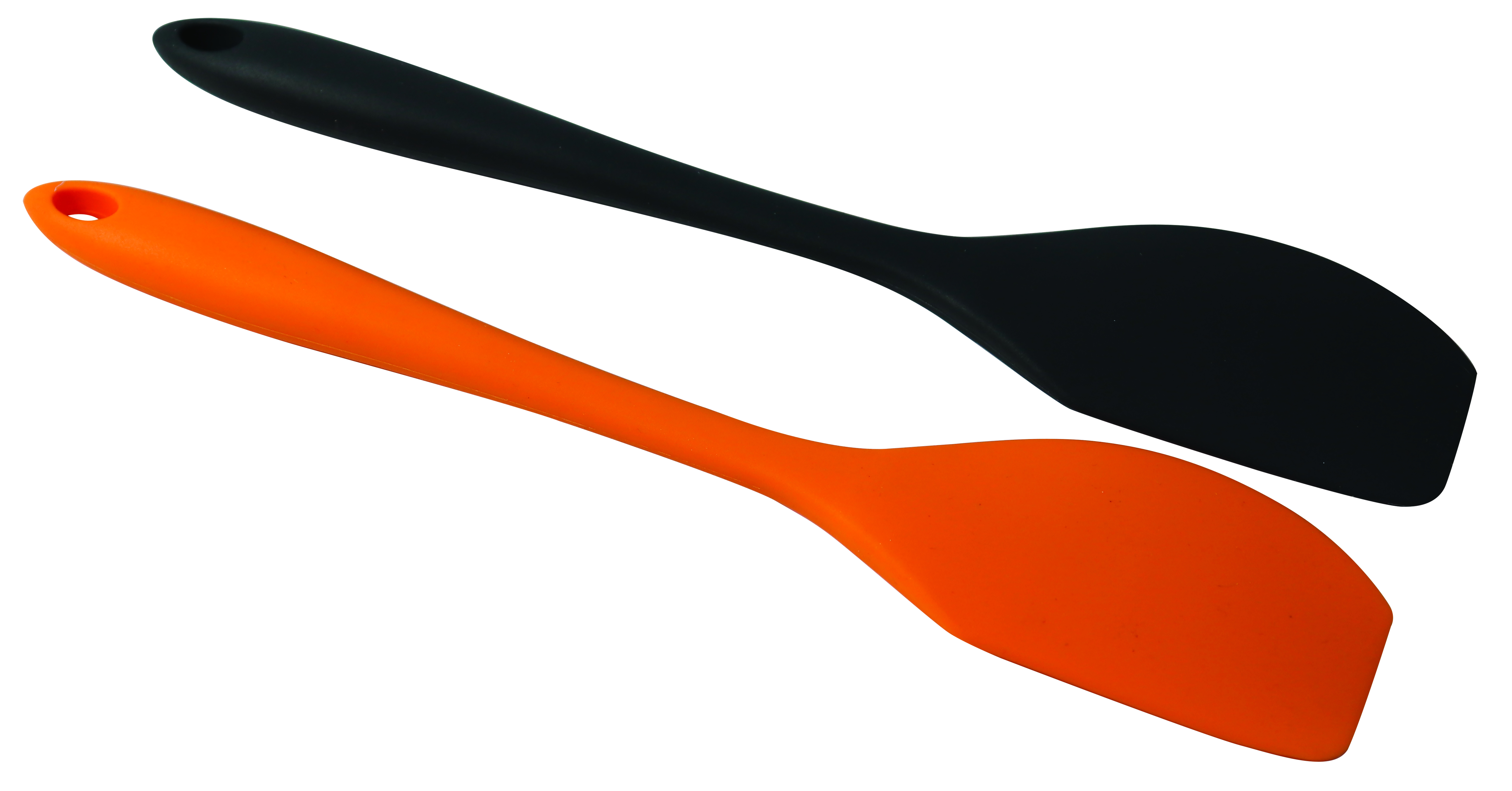 Zwei Spatel, einer orange, einer schwarz, auf weißem Hintergrund.