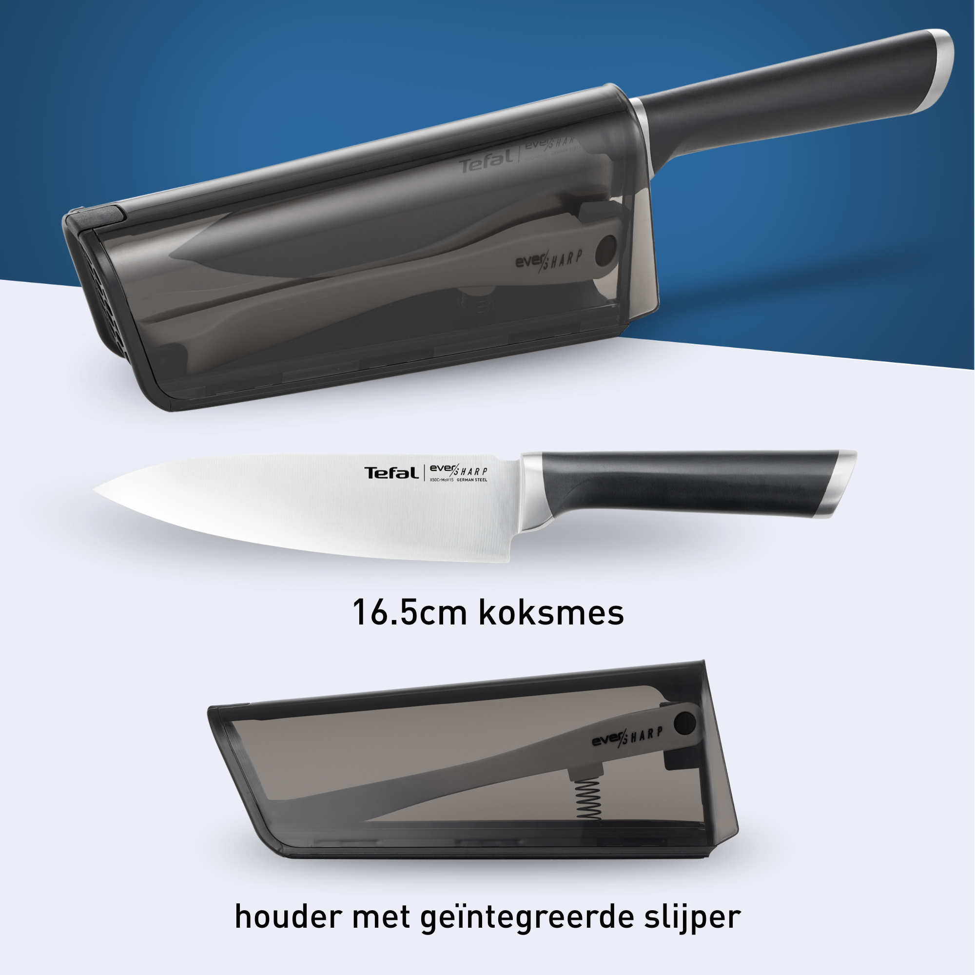 Zestaw noży z nożami i ostrzałkami. Nóż jest w uchwycie ze zintegrowaną ostrzałką.