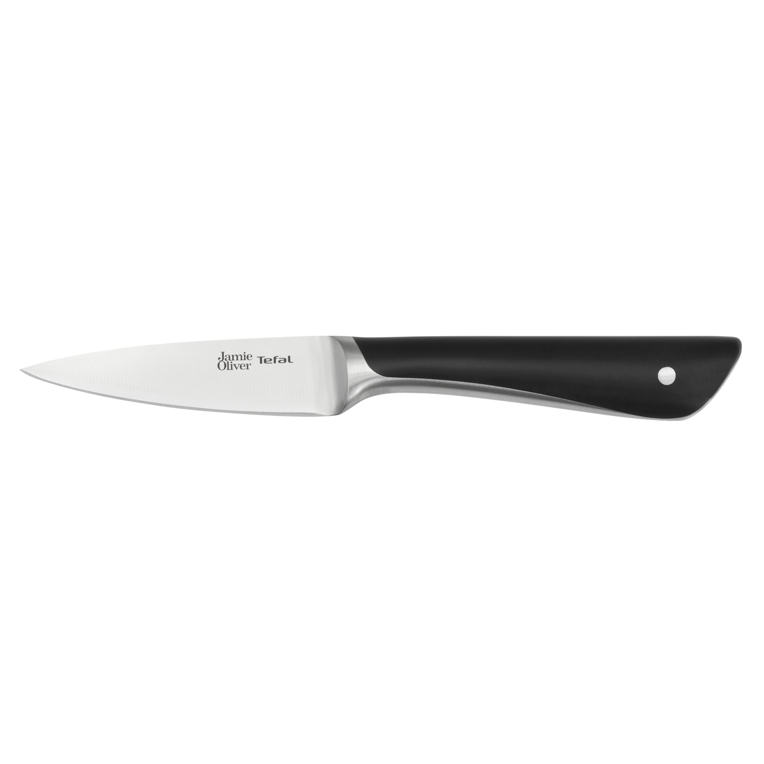 Ein Jamie Oliver Tefal Messer mit schwarzem Griff auf weißem Hintergrund.