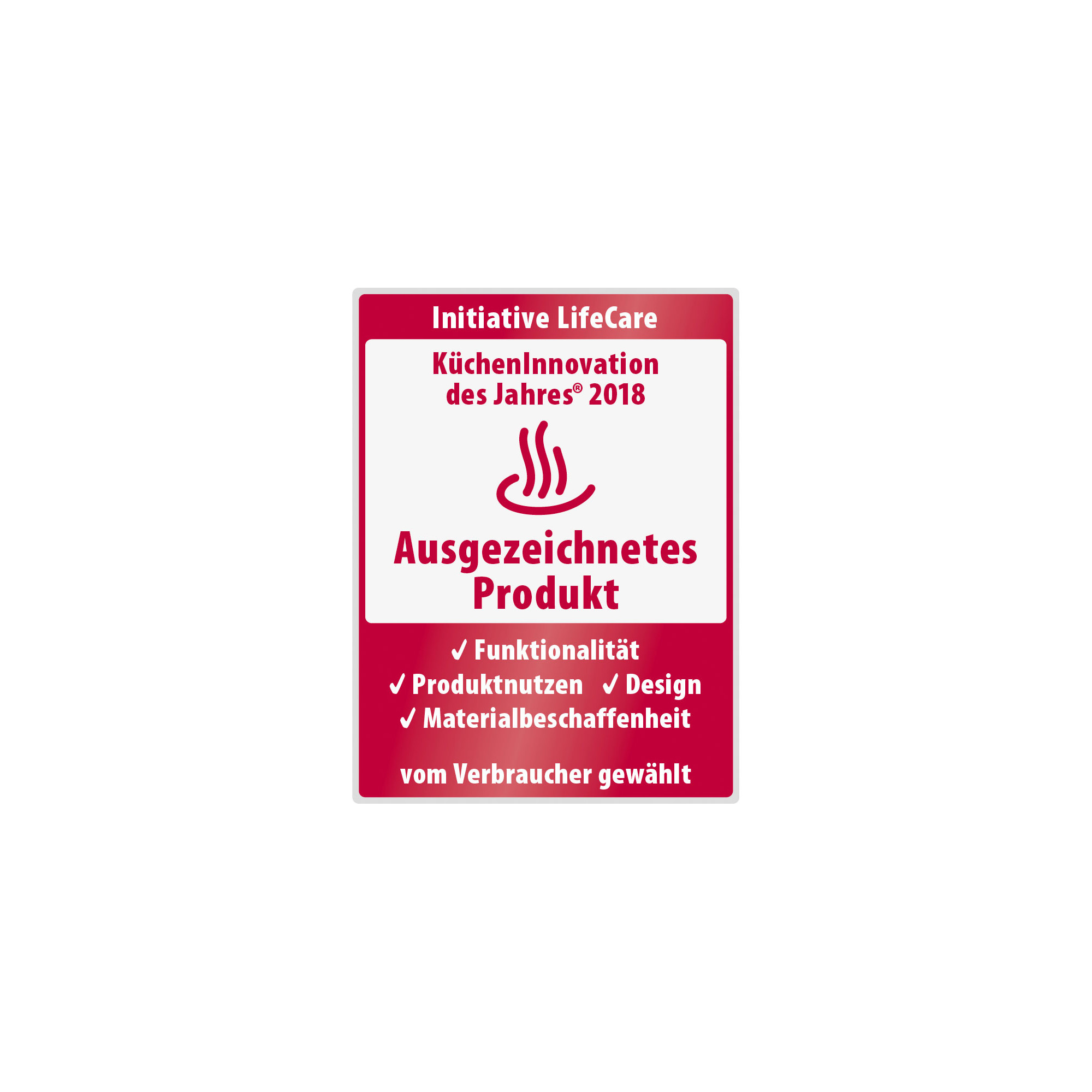 Auszeichnungsabzeichen, weißer Hintergrund, roter und weißer Text.