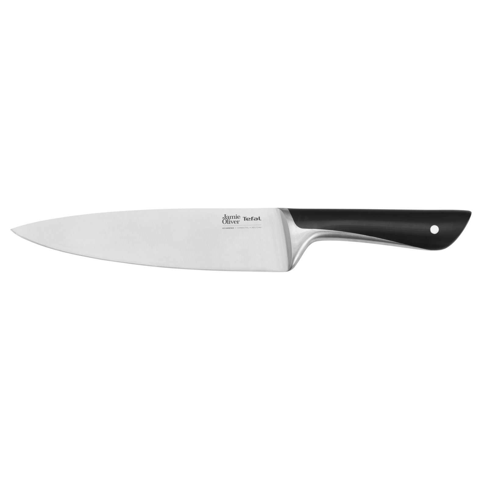 Küchenmesser mit schwarzem Griff und silberner Klinge, schräge Ansicht.