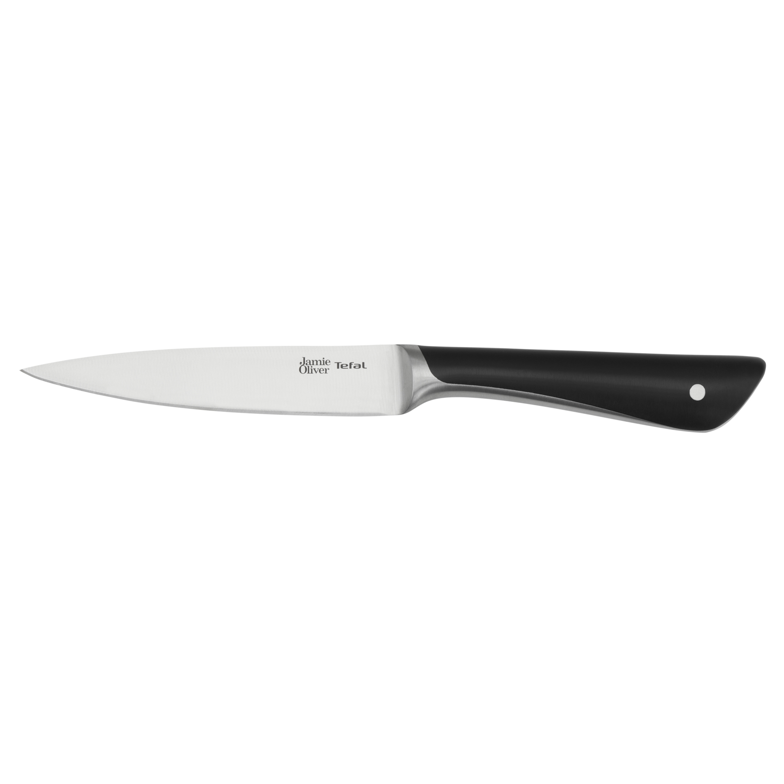 Ein kleines Jamie Oliver Tefal Messer mit schwarzem Griff. Die Klinge ist silber.