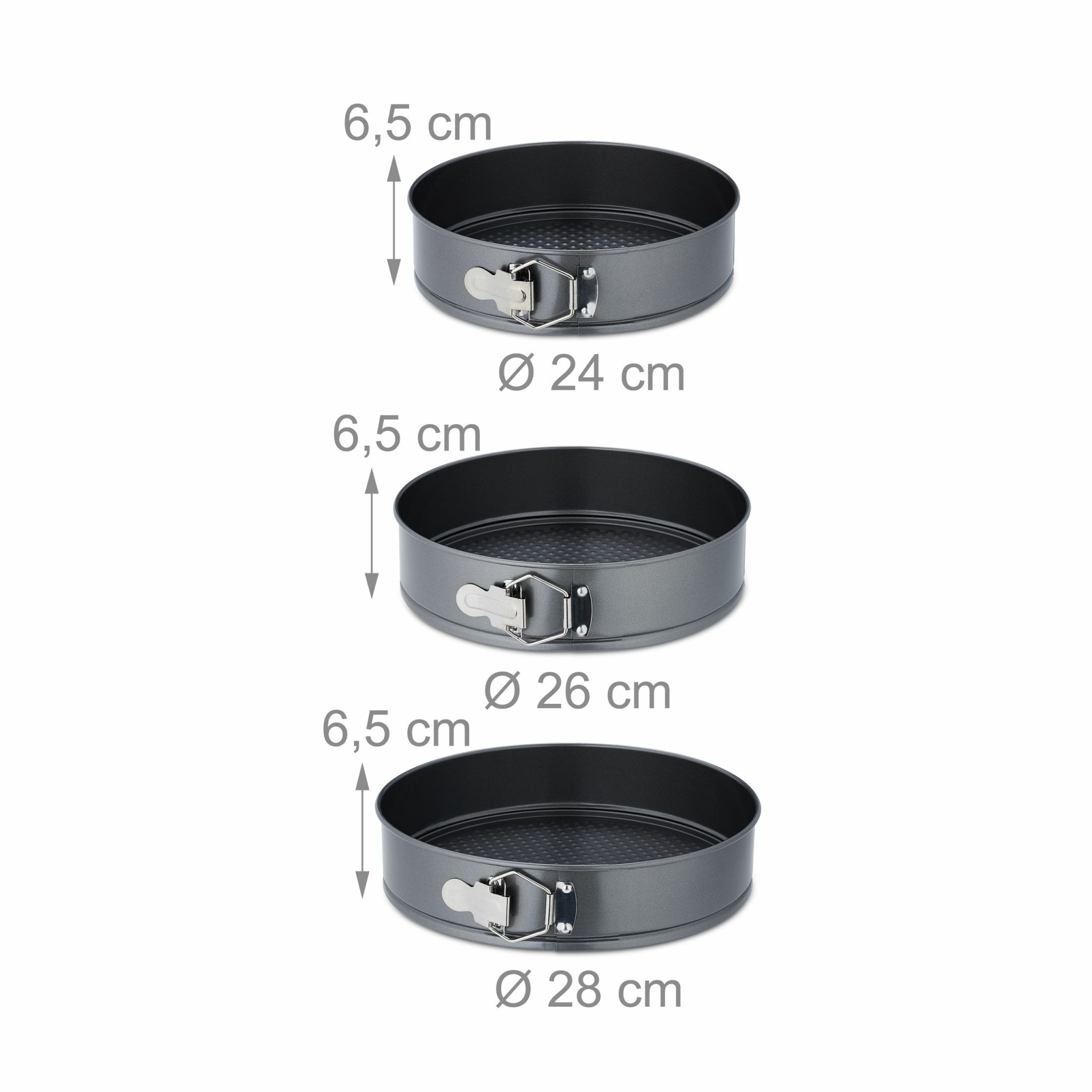 Set aus drei schwarzen Springform-Backformen in verschiedenen Größen mit Maßen.