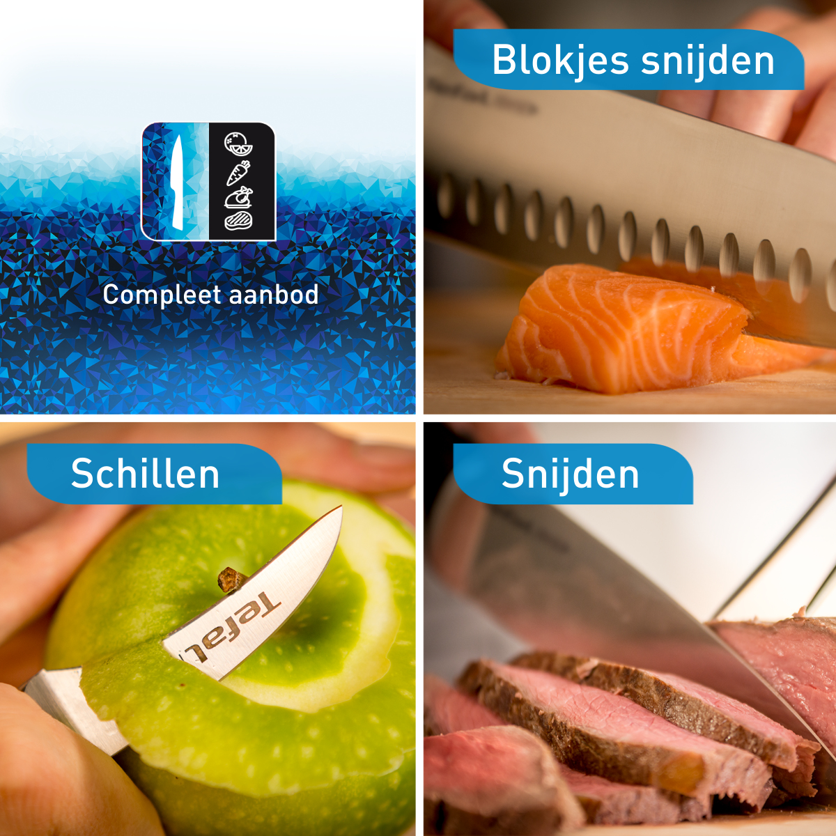 Kolaż czynności z nożem: krojenie, obieranie i krojenie na białym tle.