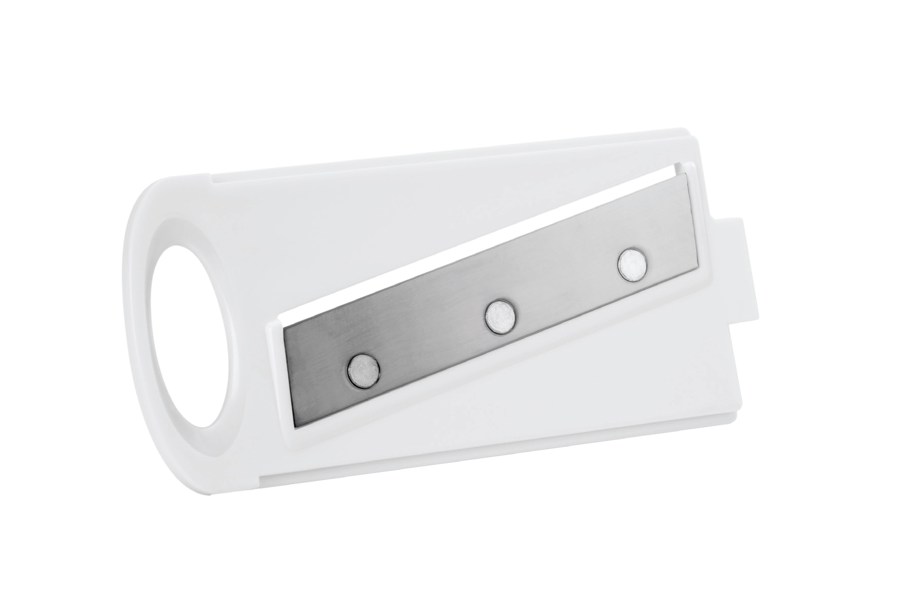 Accessorio per grattugia bianco con una lama. Sfondo bianco.