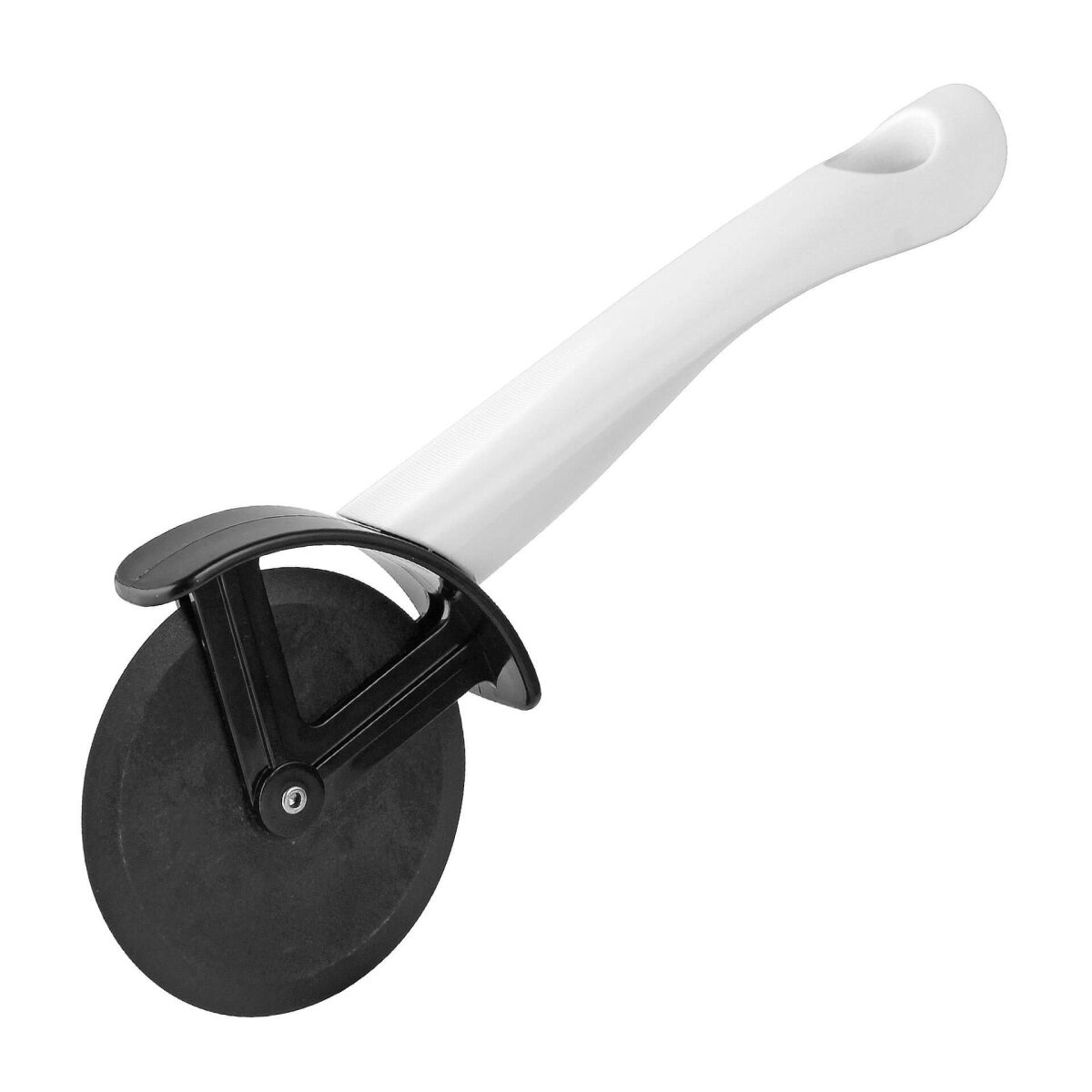 Nóż do pizzy z białym uchwytem, czarne ostrze.