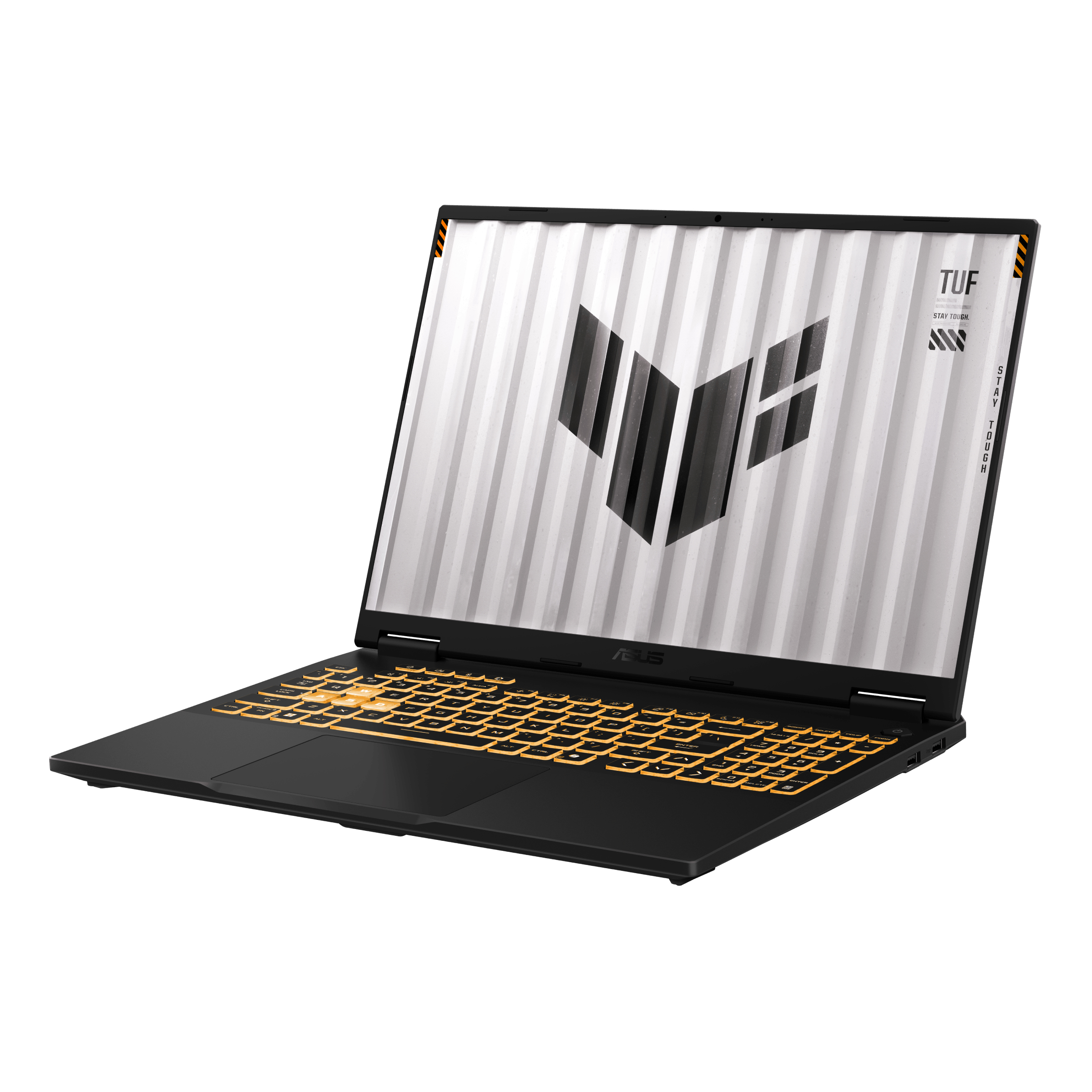 Schwarzer Asus TUF Laptop, offen, beleuchtete Tastatur, Bildschirm zeigt TUF-Logo, weißer Hintergrund.