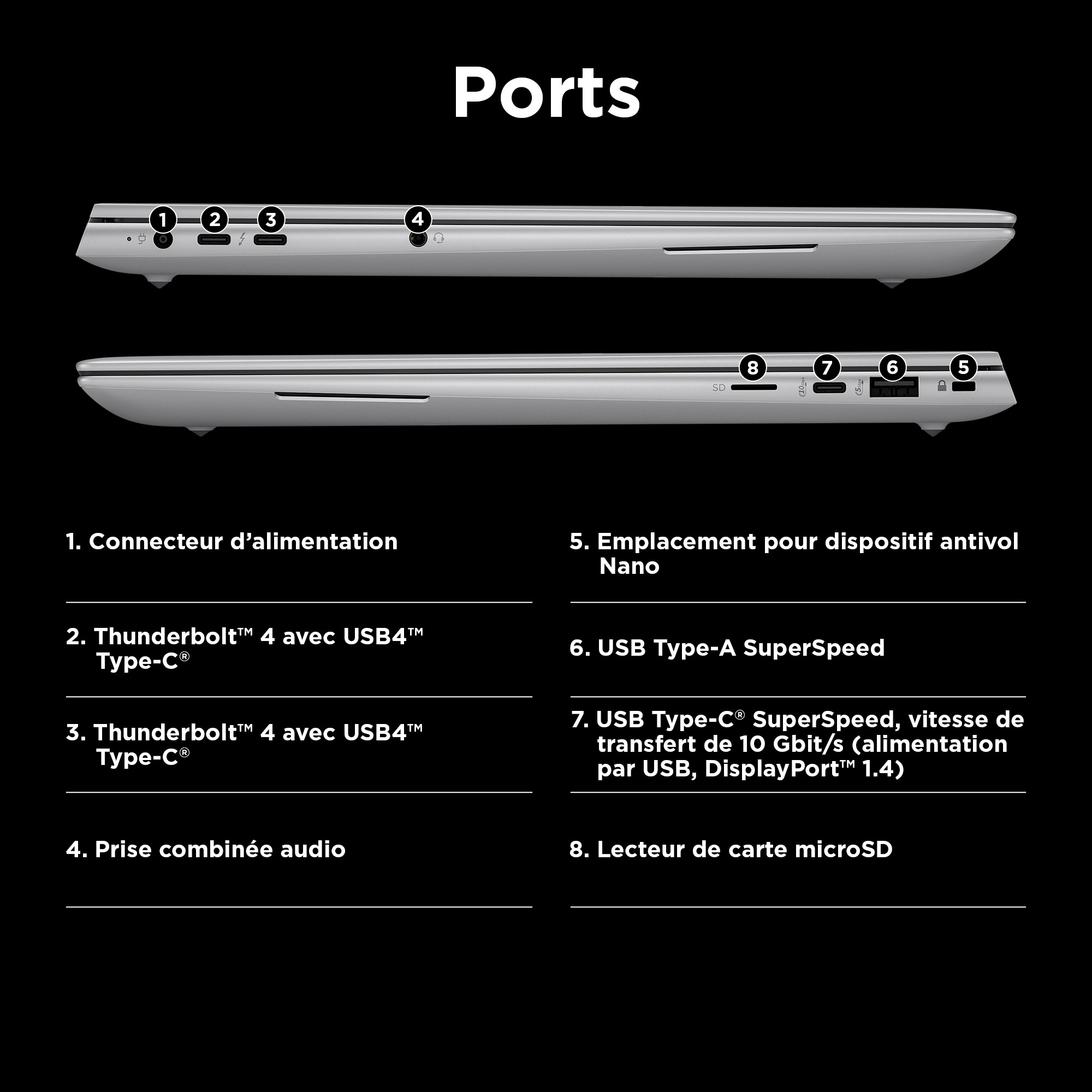 Laptop z portami. Porty obejmują USB, audio i zasilanie. Laptop jest srebrny.