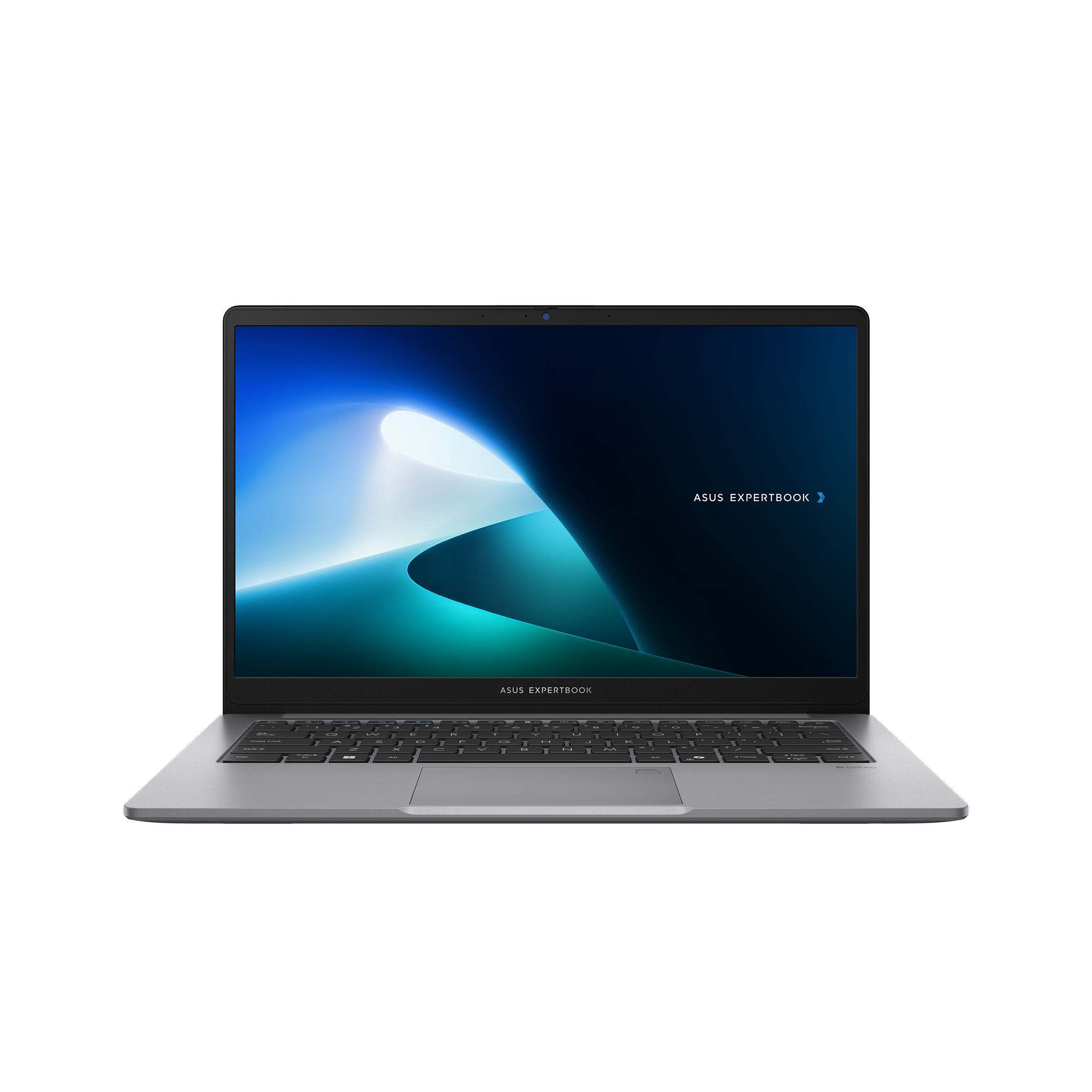 Gümüş dizüstü bilgisayar, açık. ASUS EXPERTBOOK ile mavi ve siyah bir ekran görüntüler.
