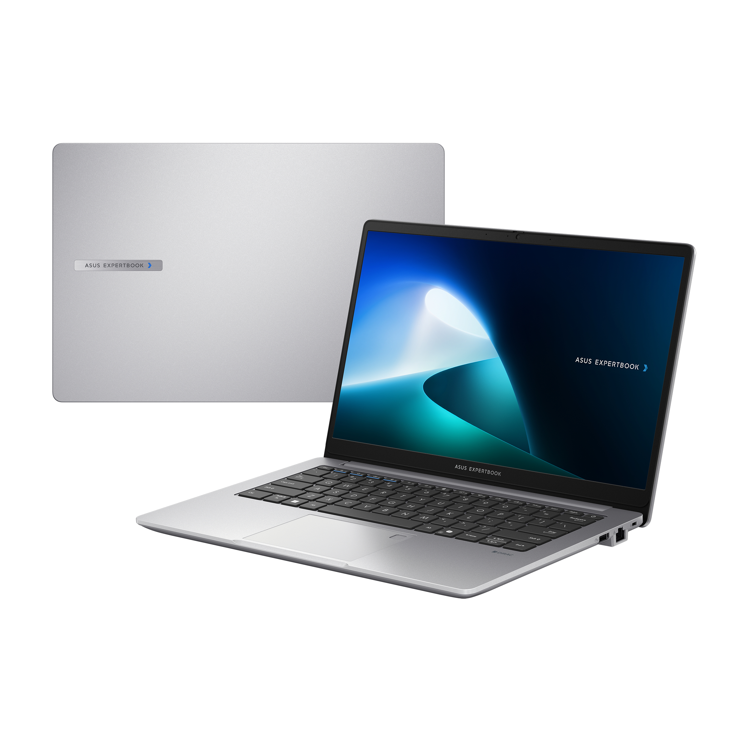 Arkada ASUS Expertbook logosu bulunan gümüş dizüstü bilgisayar. Siyah ekranla açık.