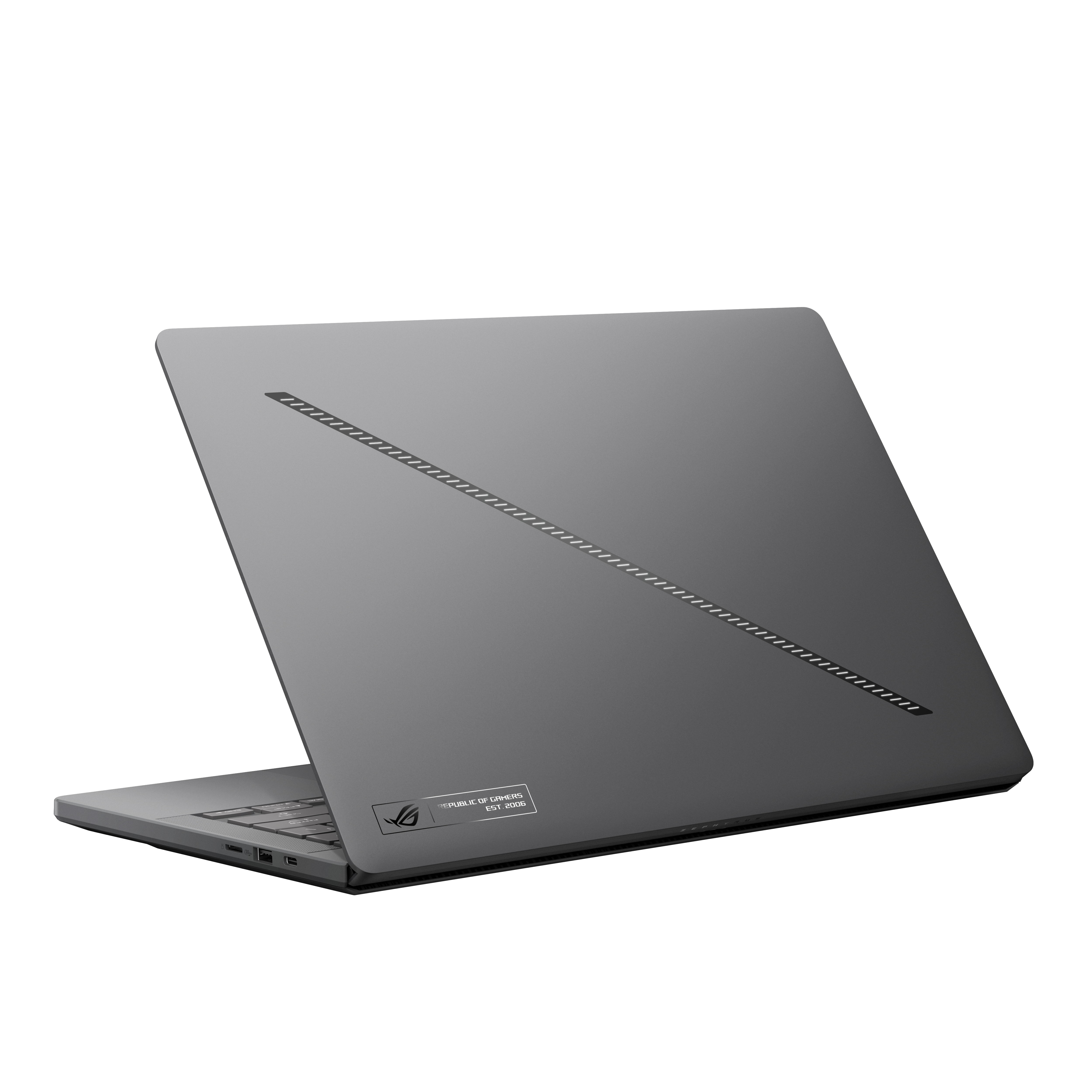 Achterkant laptop: Een grijze laptop met een strak design en een klein logo.