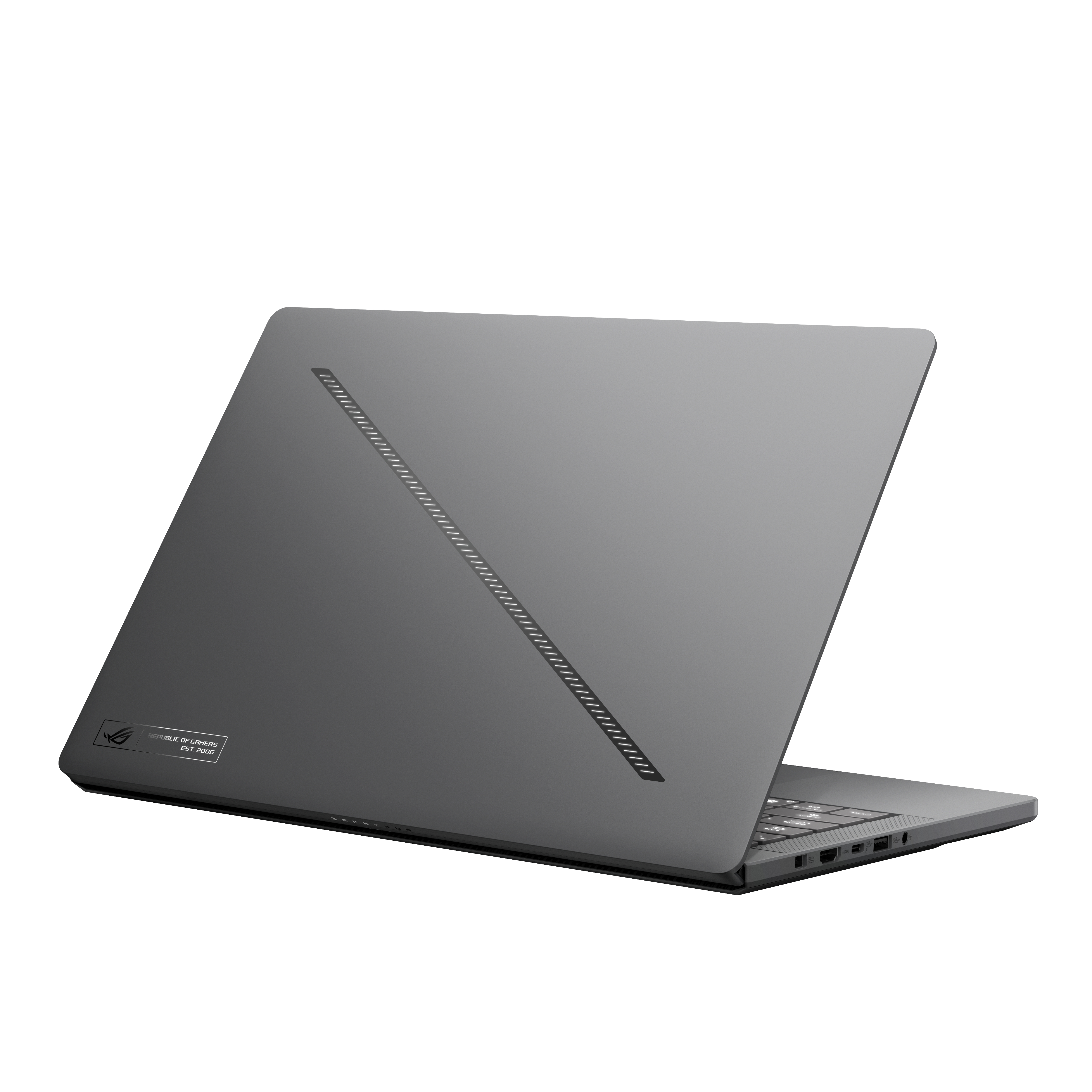 Grijze laptoprug, schuine weergave. ROG-logo en tekst zichtbaar. Diagonaal lijnenontwerp.