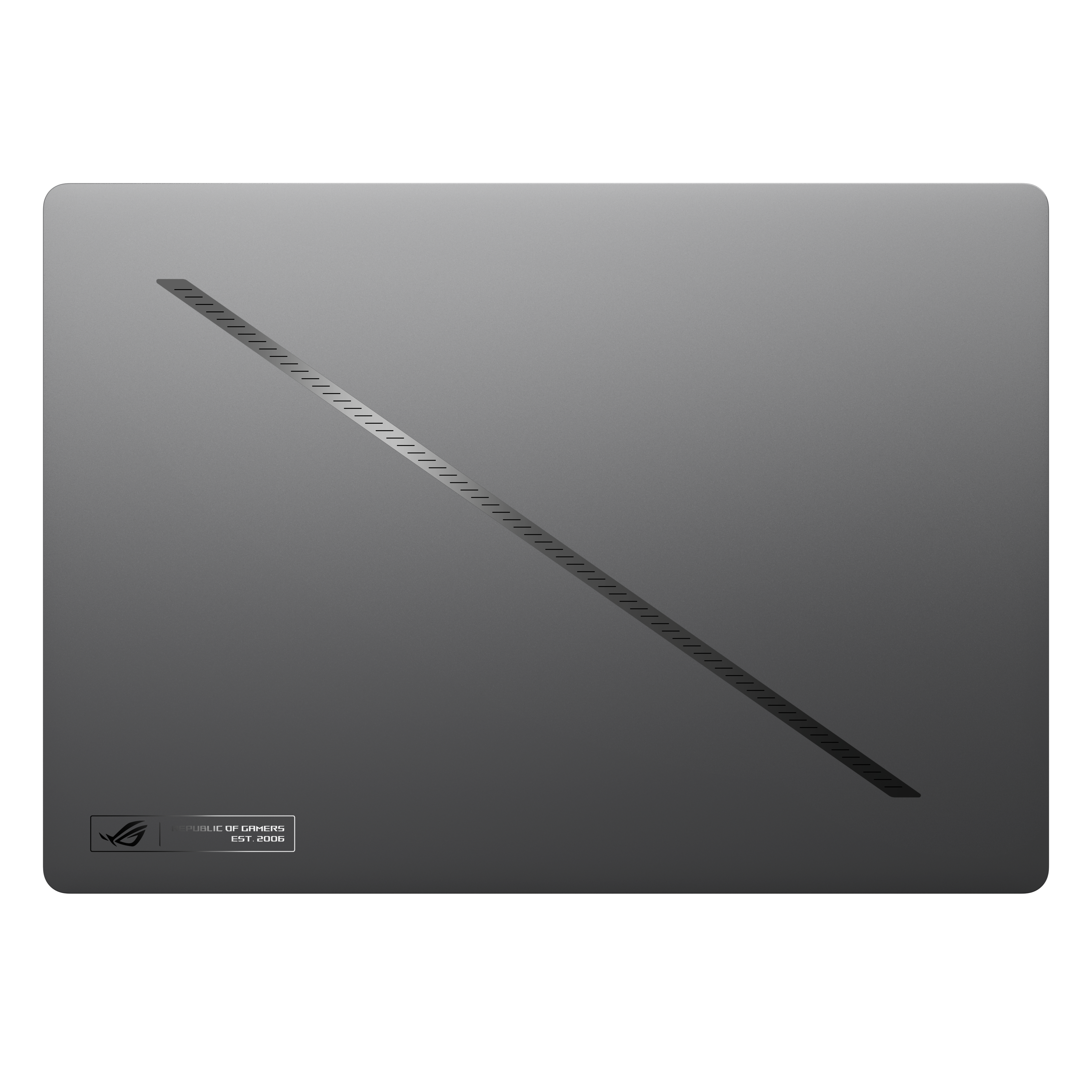 Donkergrijze laptopdeksel. Diagonaal lijnenontwerp. ROG-logo linksonder.