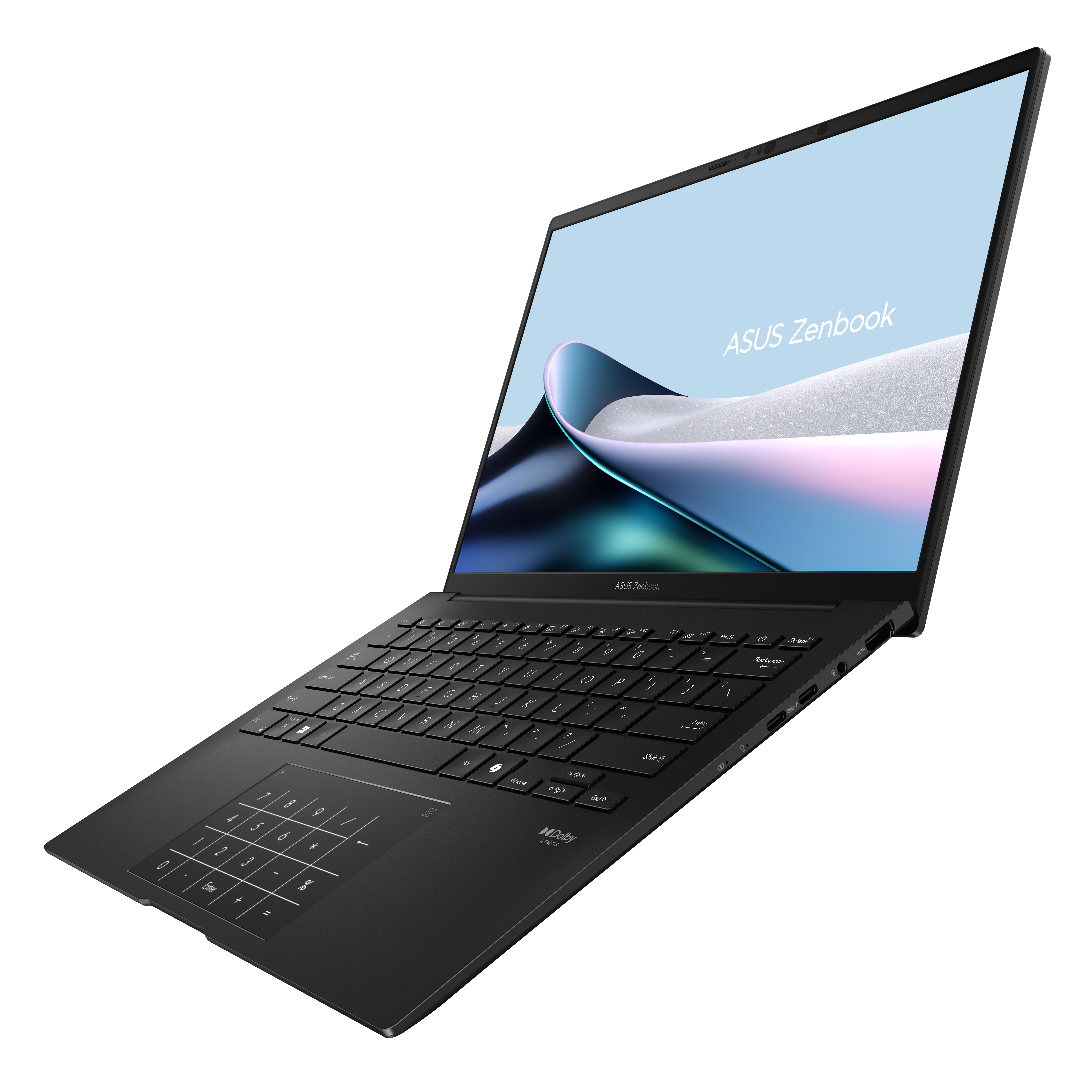 Laptop nero con schermo 'ASUS Zenbook'. Tastiera visibile. Scatto angolato.