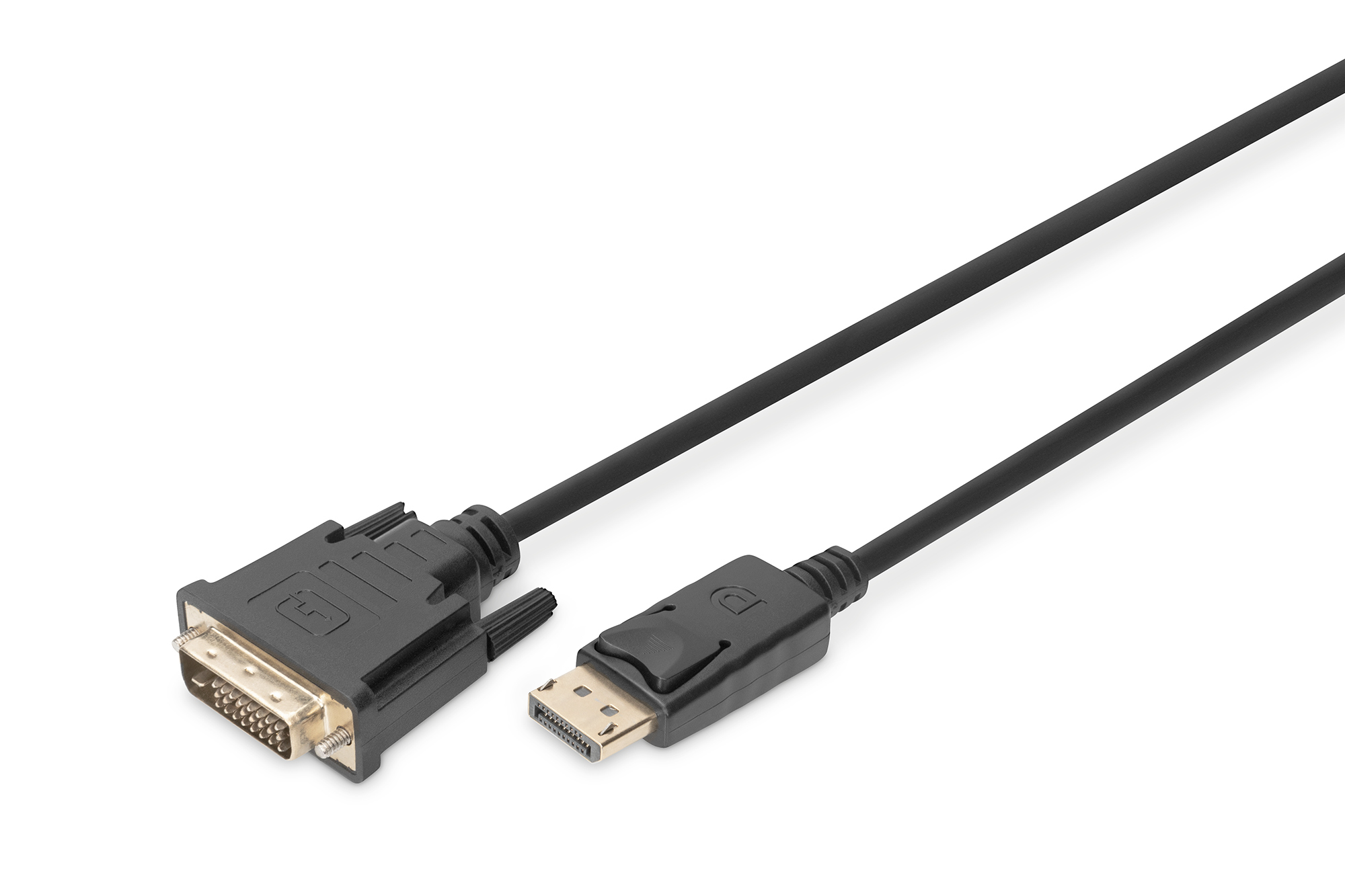 Czarny kabel DisplayPort do DVI, ze złączem DVI i złączem DisplayPort.