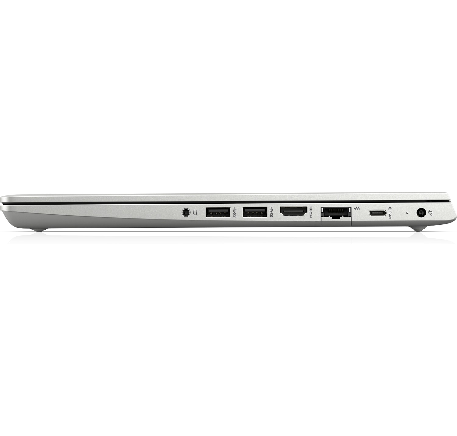 Silberner Laptop, Seitenansicht, Anschlüsse sichtbar, weißer Hintergrund.