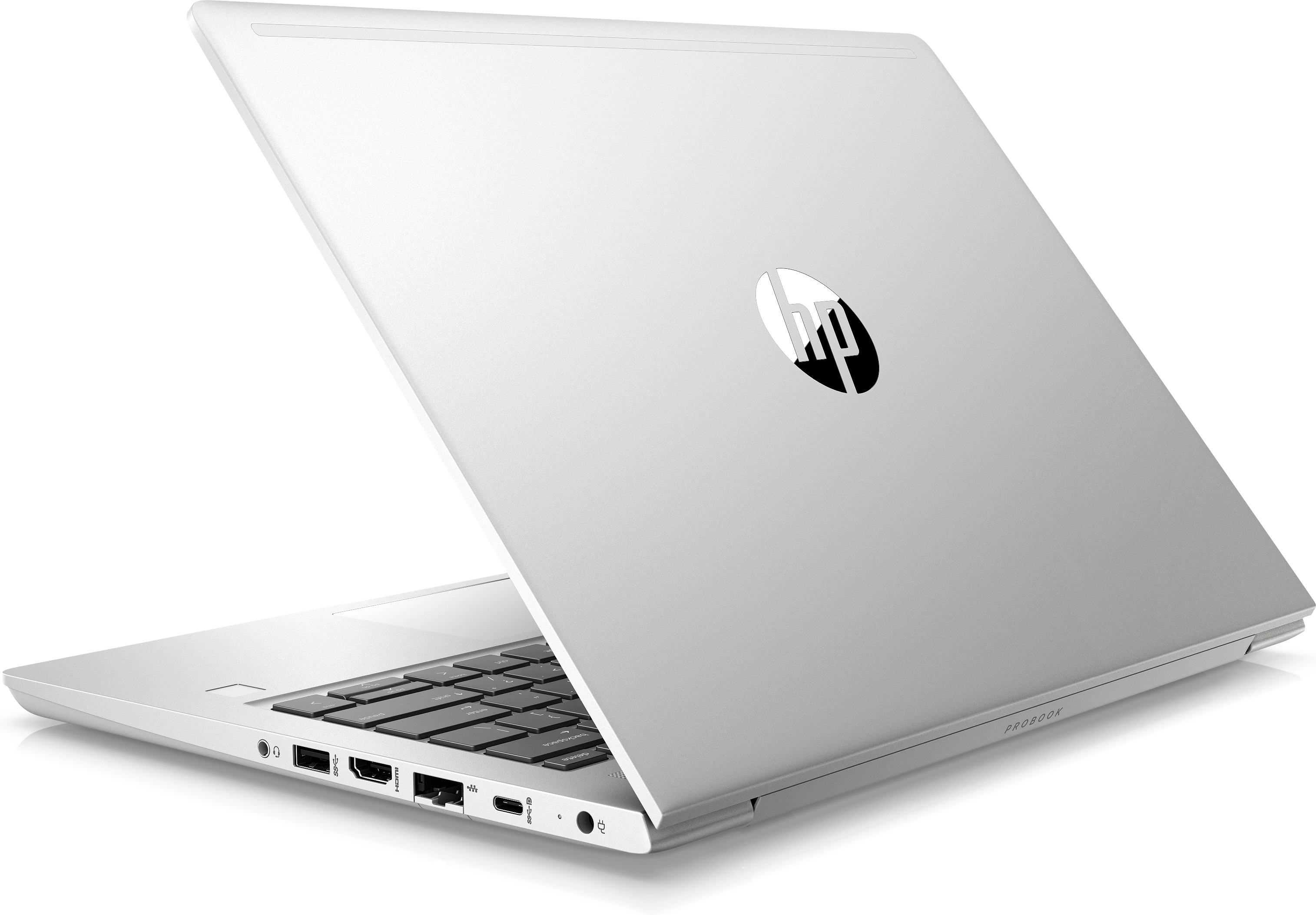 Retro del laptop argentato, logo HP visibile. Alcune porte sono visibili. Tastiera nera.