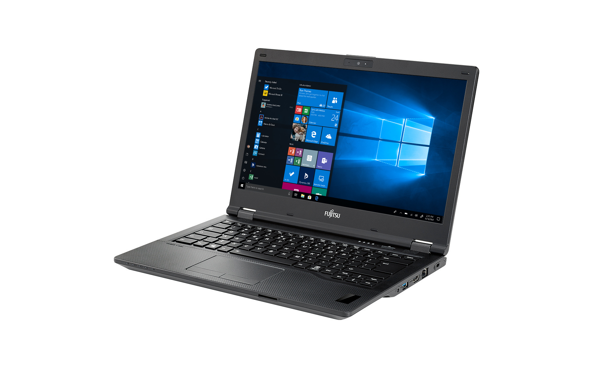 Zwarte Fujitsu-laptop, open, Windows-bureaublad. Toetsenbord zichtbaar. Wit.