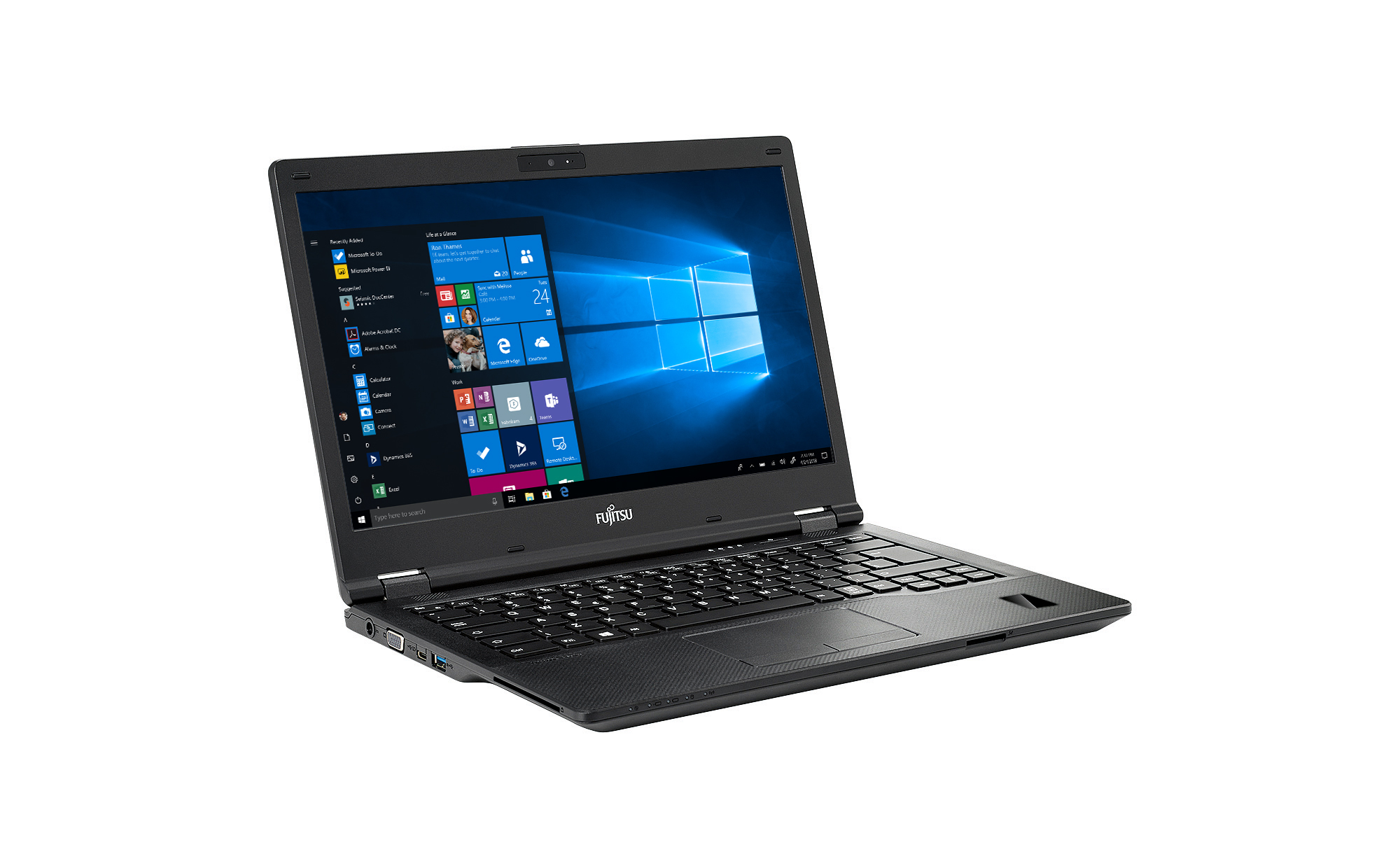 Zwarte Fujitsu laptop, schuine weergave, open met Windows interface op scherm, witte achtergrond.