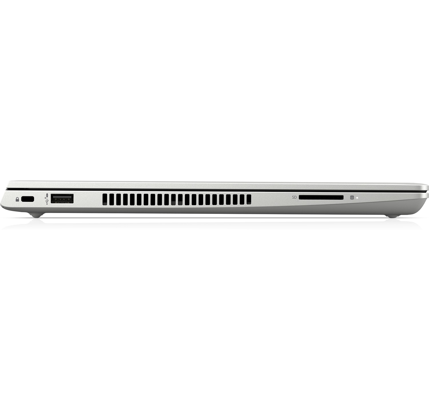 Laptop-Seitenansicht, silberfarben. Anschlüsse sind sichtbar.
