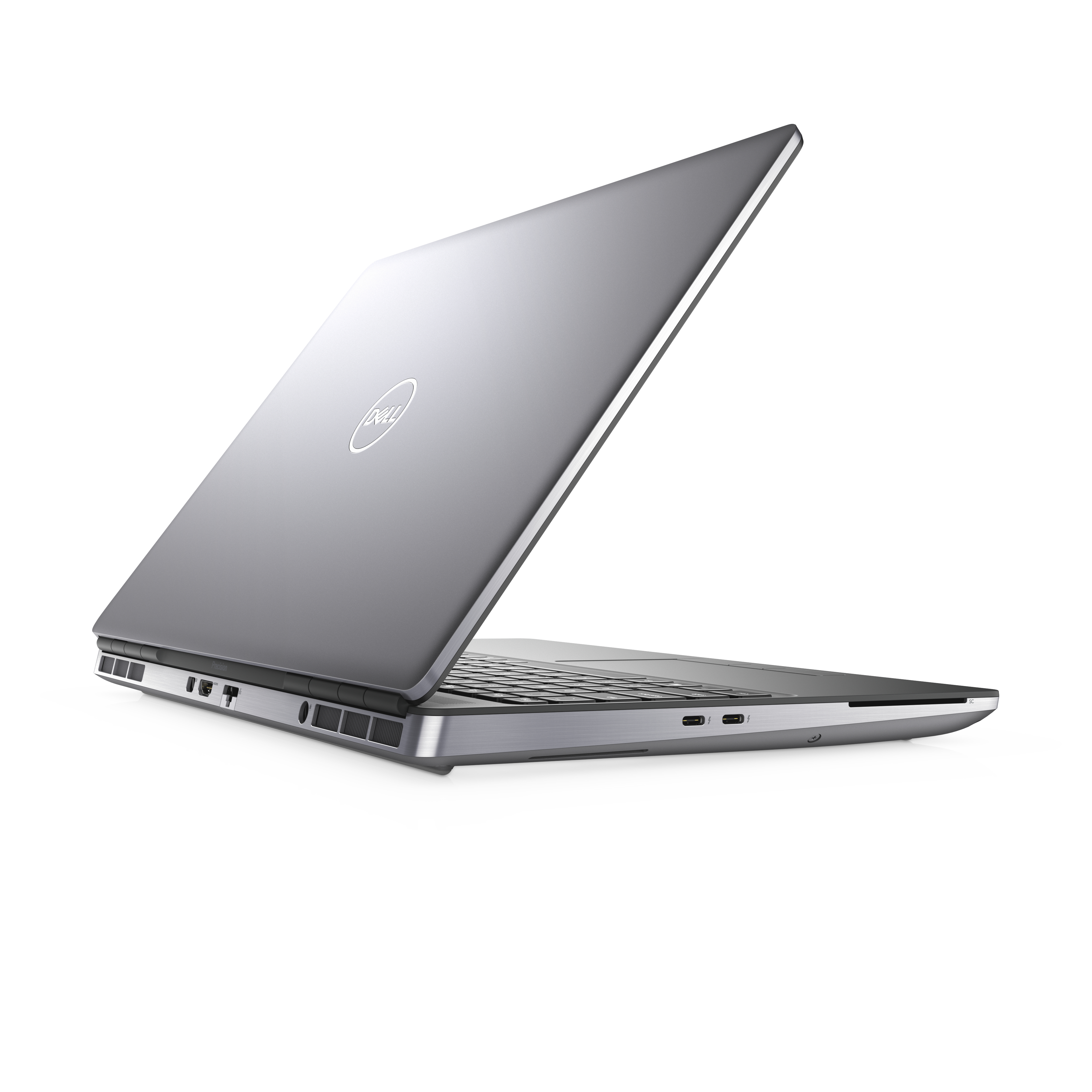 Silver laptop at an angle, showing the open lid. Dell logo is visible.