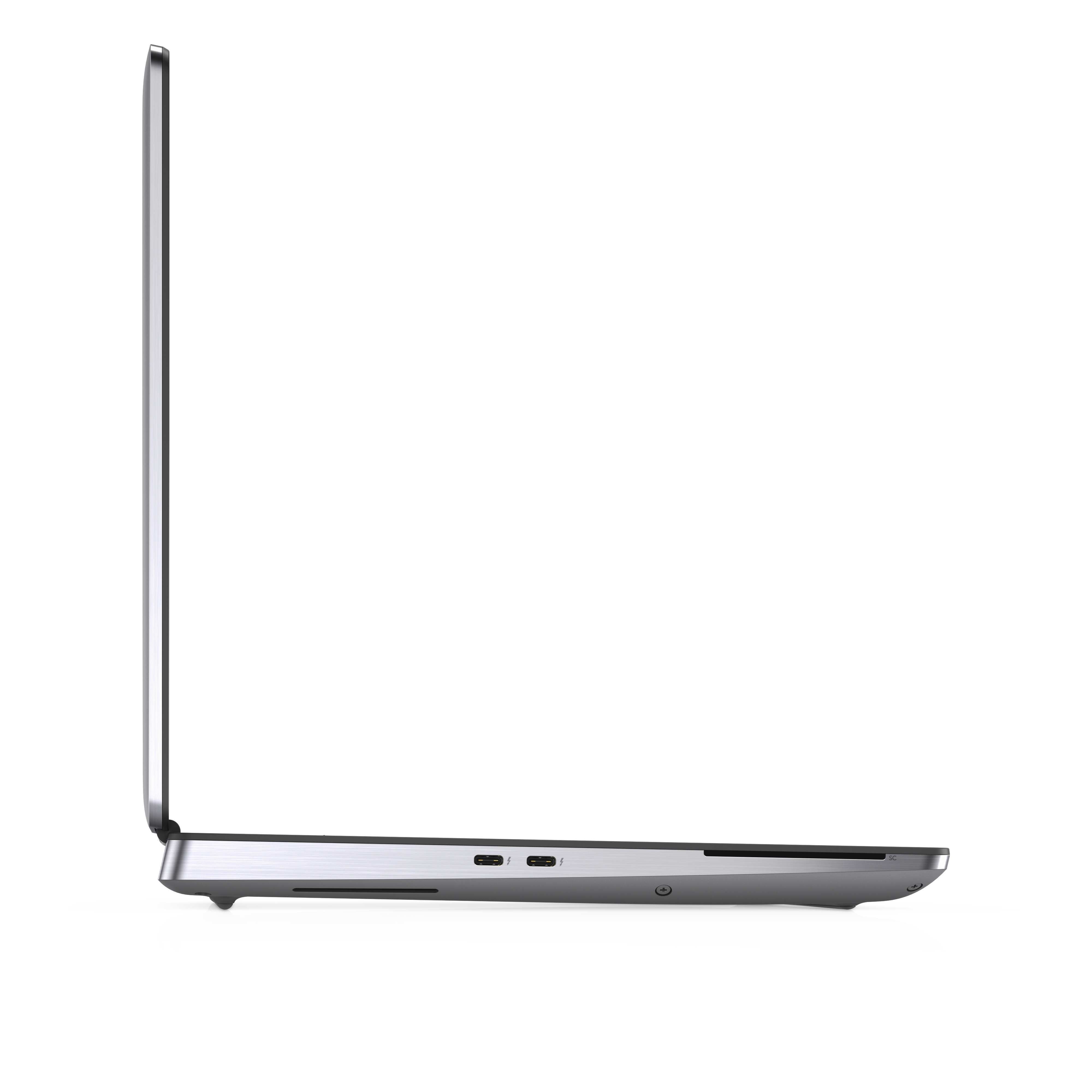 Side view of a silver laptop. White background.