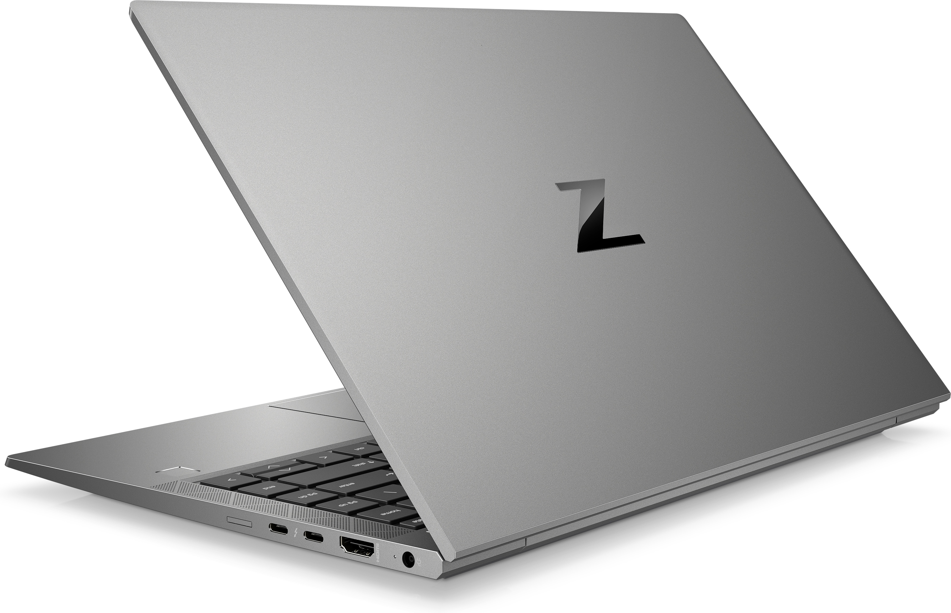 Zilveren laptop, open, schuine weergave. Zwart toetsenbord, zilveren behuizing met 'Z'-logo.