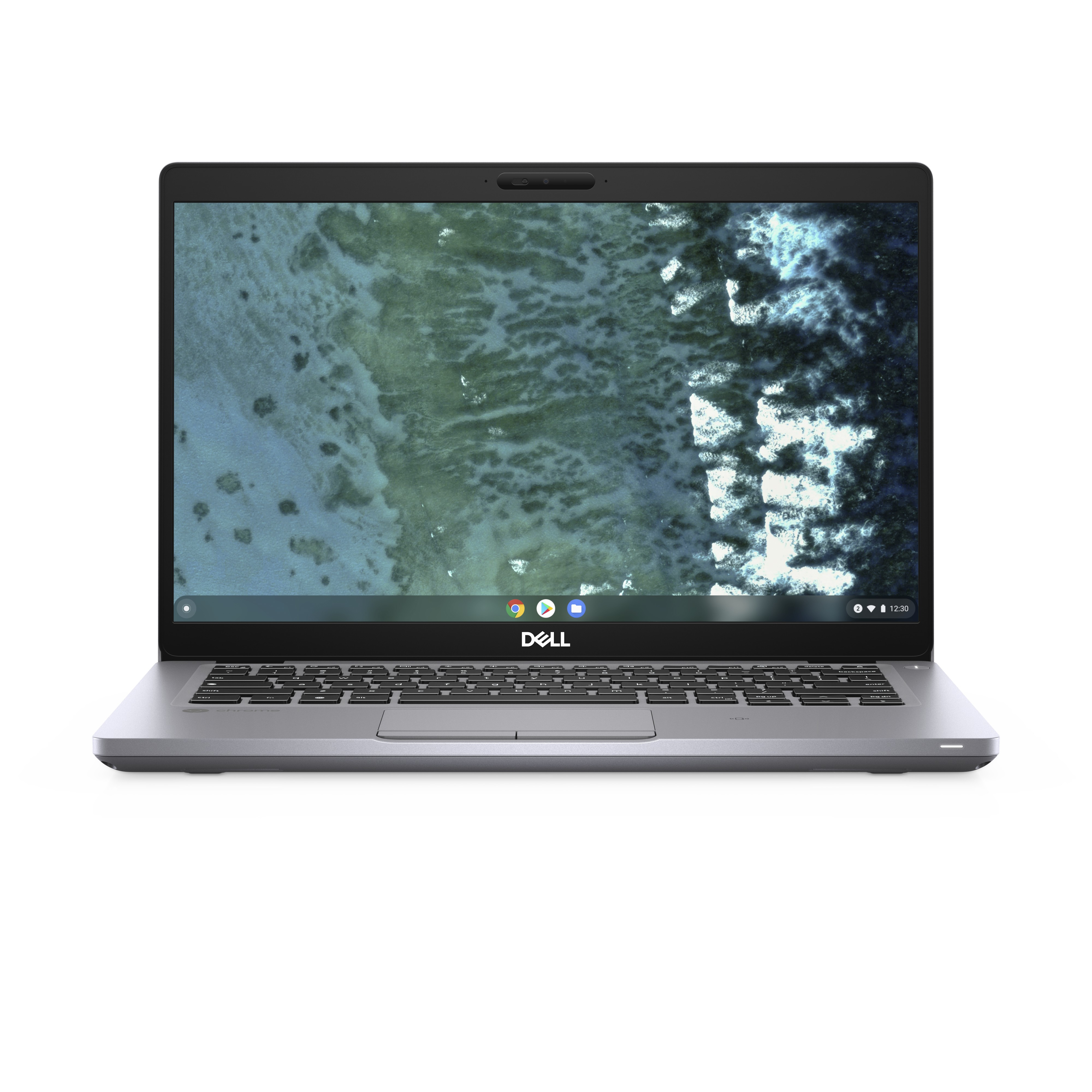 Dell laptop, open, displaying screen. White background.