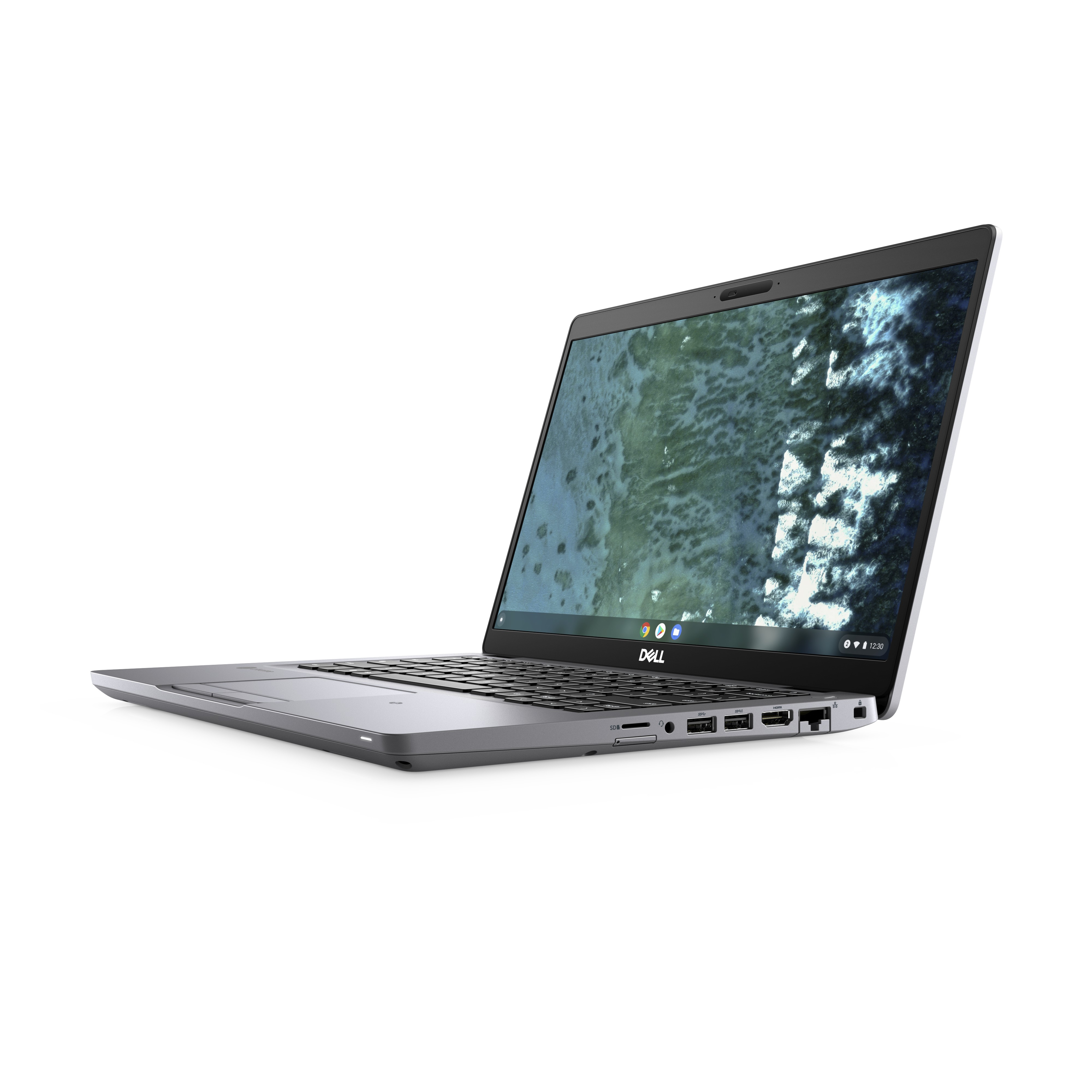 Silver laptop with a Chrome OS screen. The laptop is angled right, on a white background.