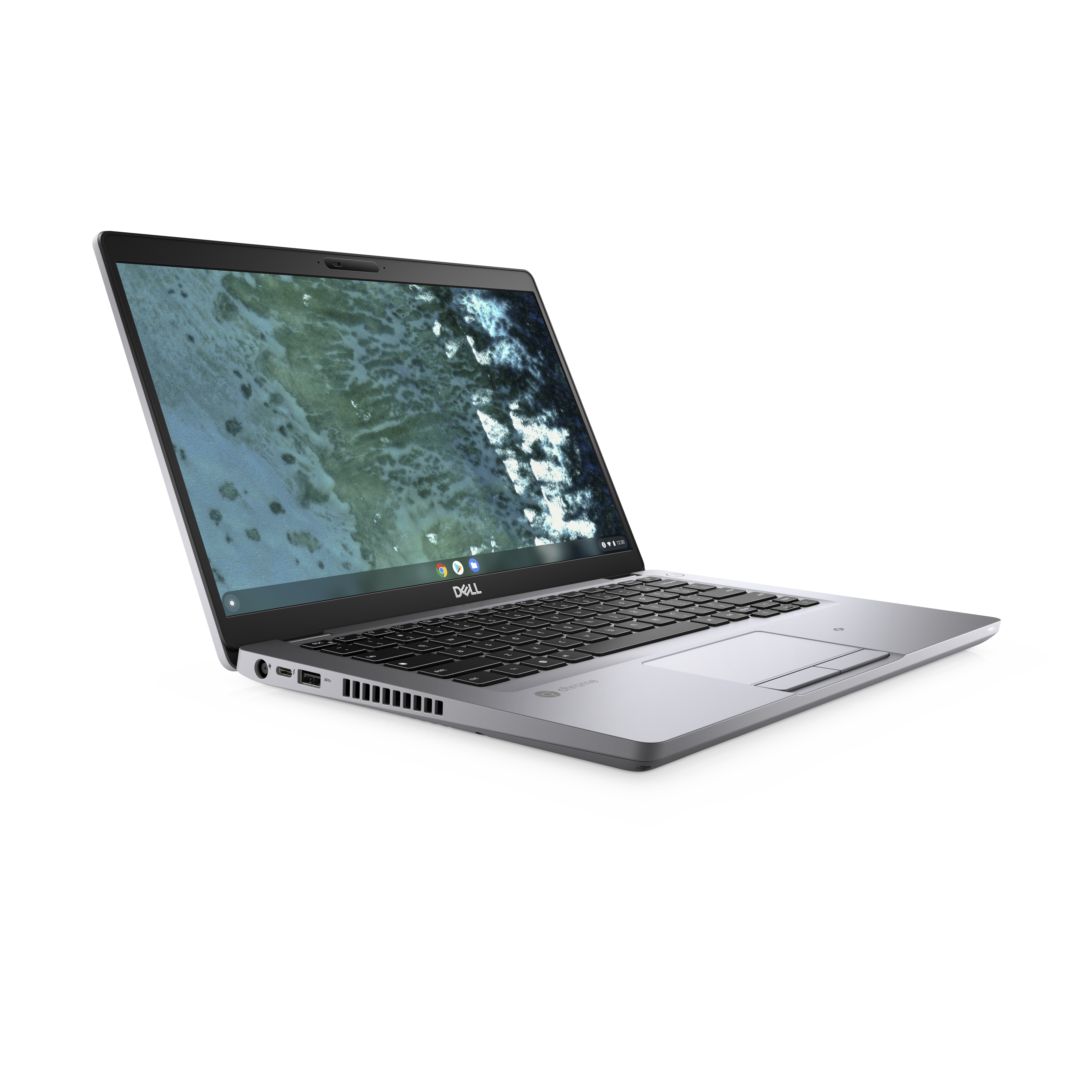 Silver laptop angled to the left with Chrome OS on the screen. White background.