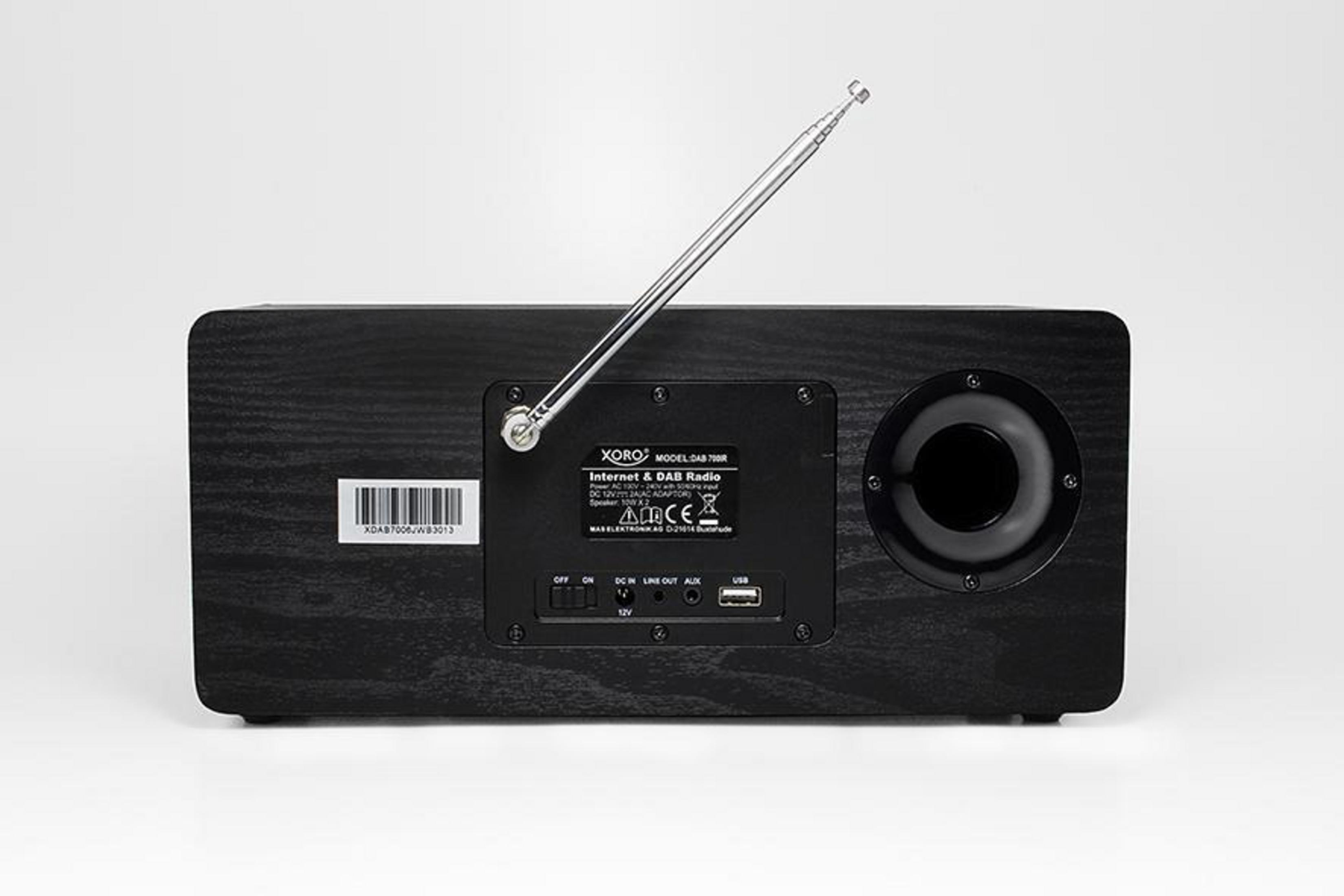 Tył czarnego radia. Ma porty AUX, USB i antenę. Widoczna etykieta modelu Xoro.