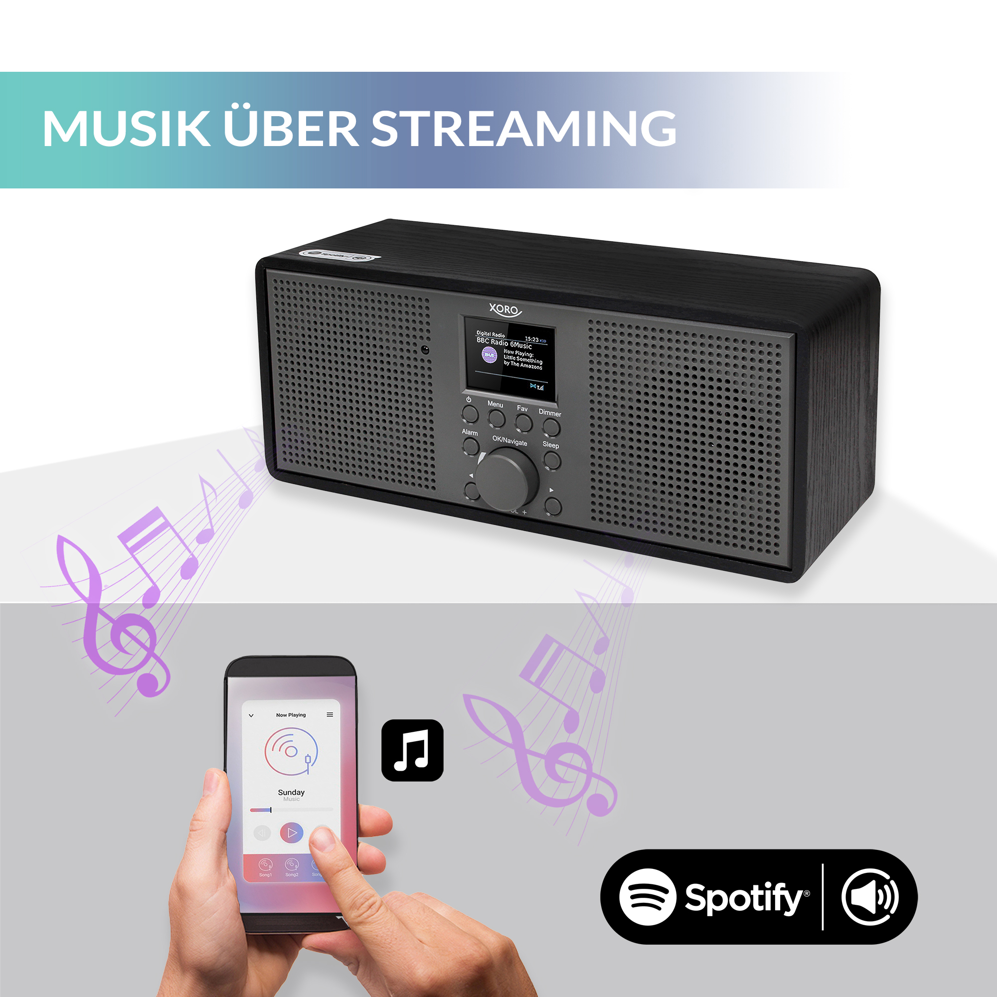 Czarne radio Xoro, telefon z Spotify i nuty muzyczne w scenie.