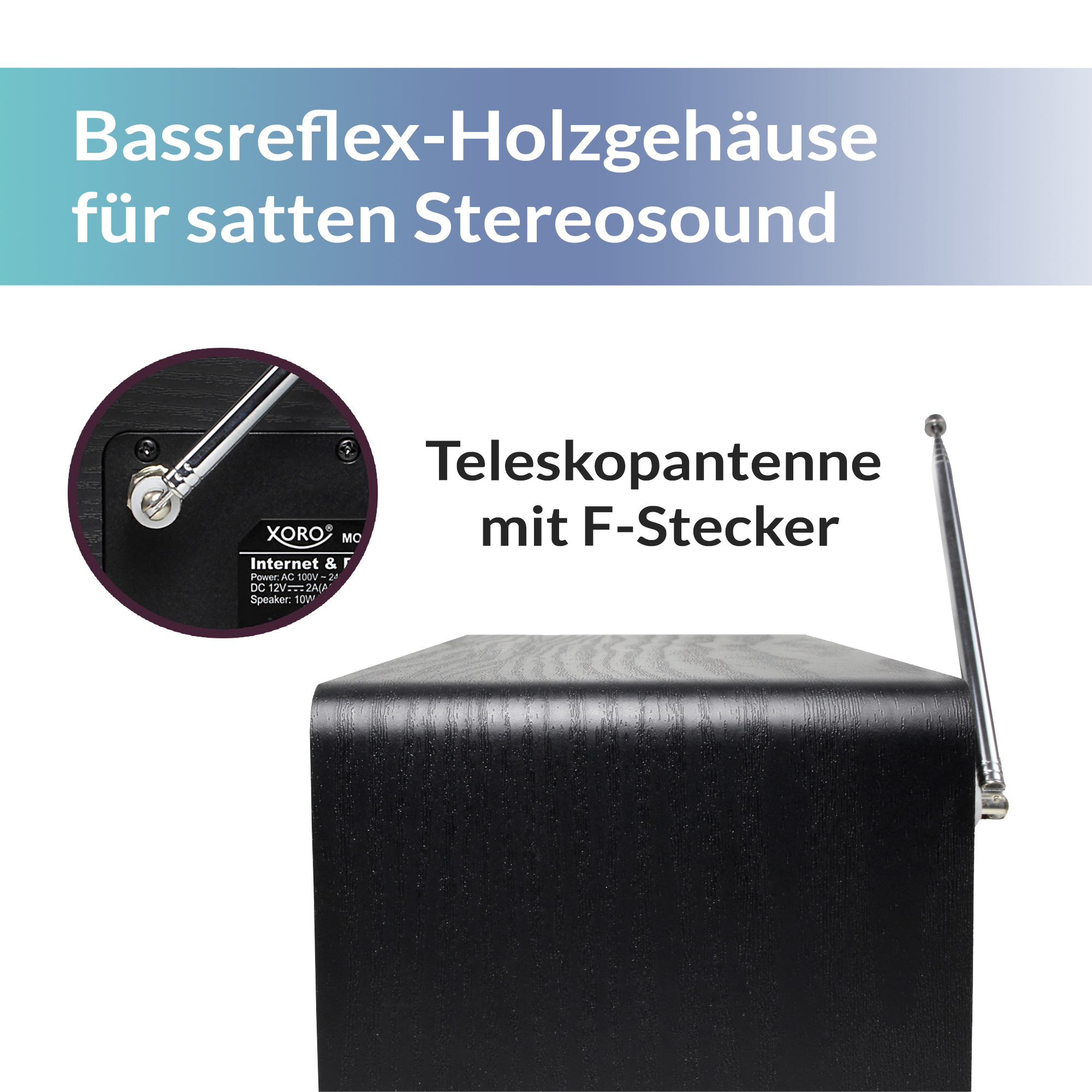 Zbliżenie na tył czarnego radia. Pokazuje połączenie antenowe i inne porty.