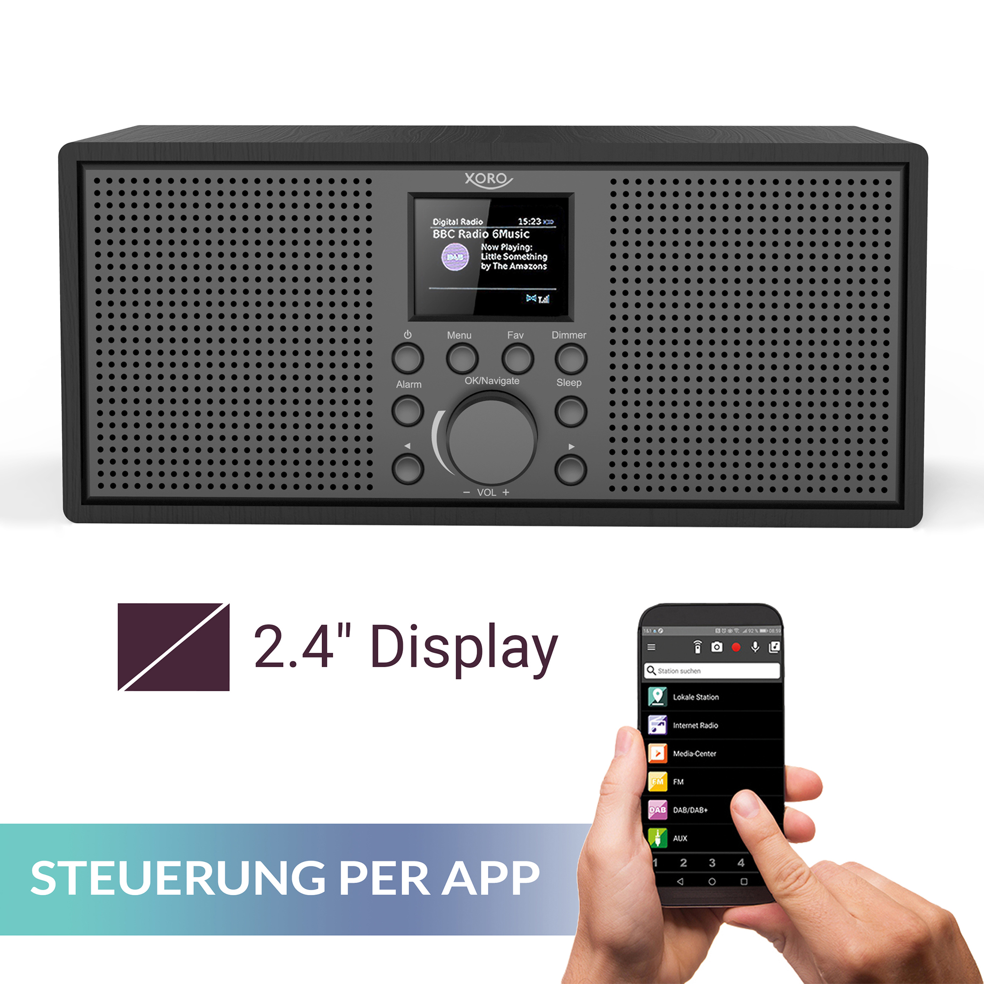 Czarne radio z ekranem i telefonem. Radio pokazuje info, telefon ma aplikację z opcjami radia. Logo Xoro.