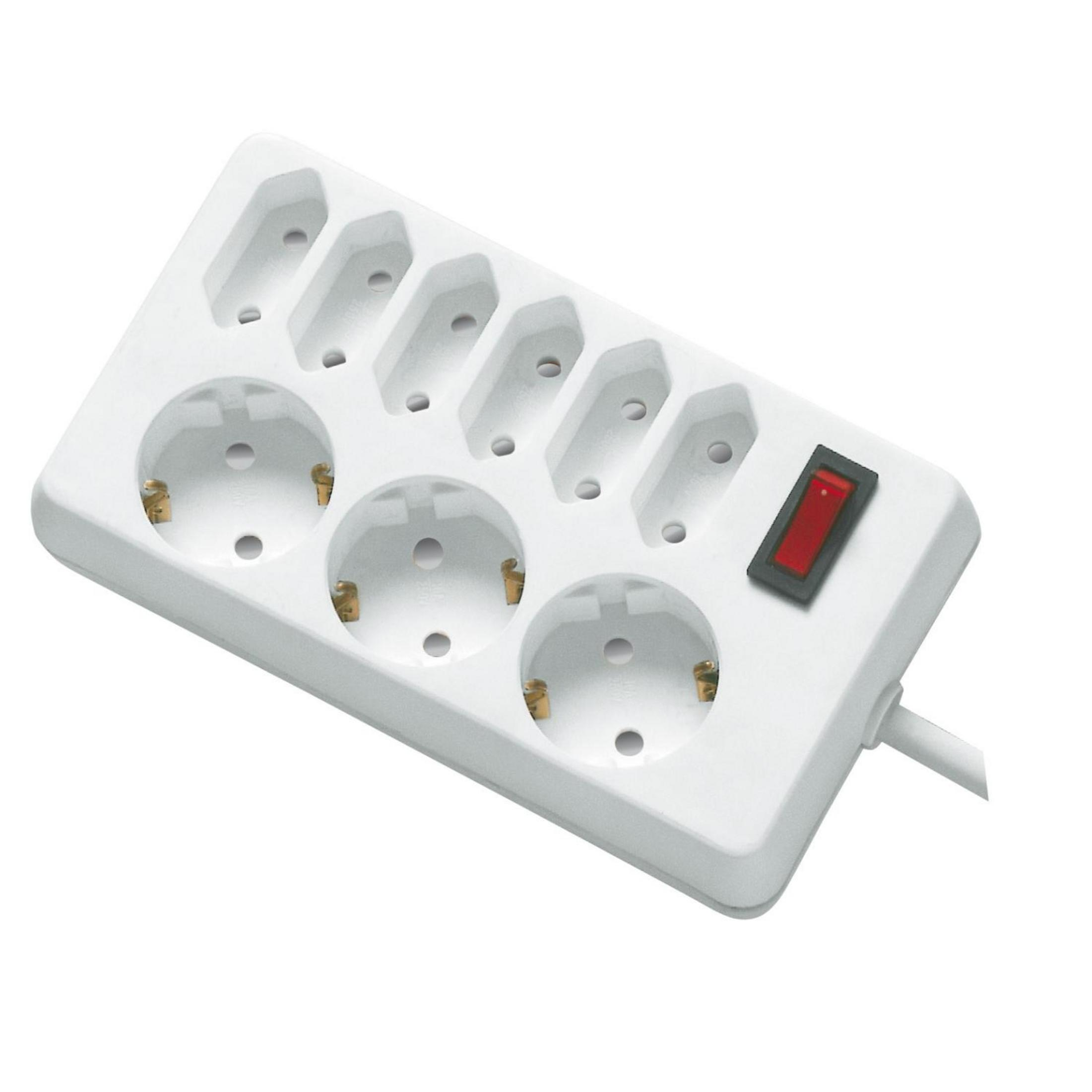 Biała listwa zasilająca z sześcioma gniazdami i czerwonym włącznikiem/wyłącznikiem. Dołączony jest biały kabel.
