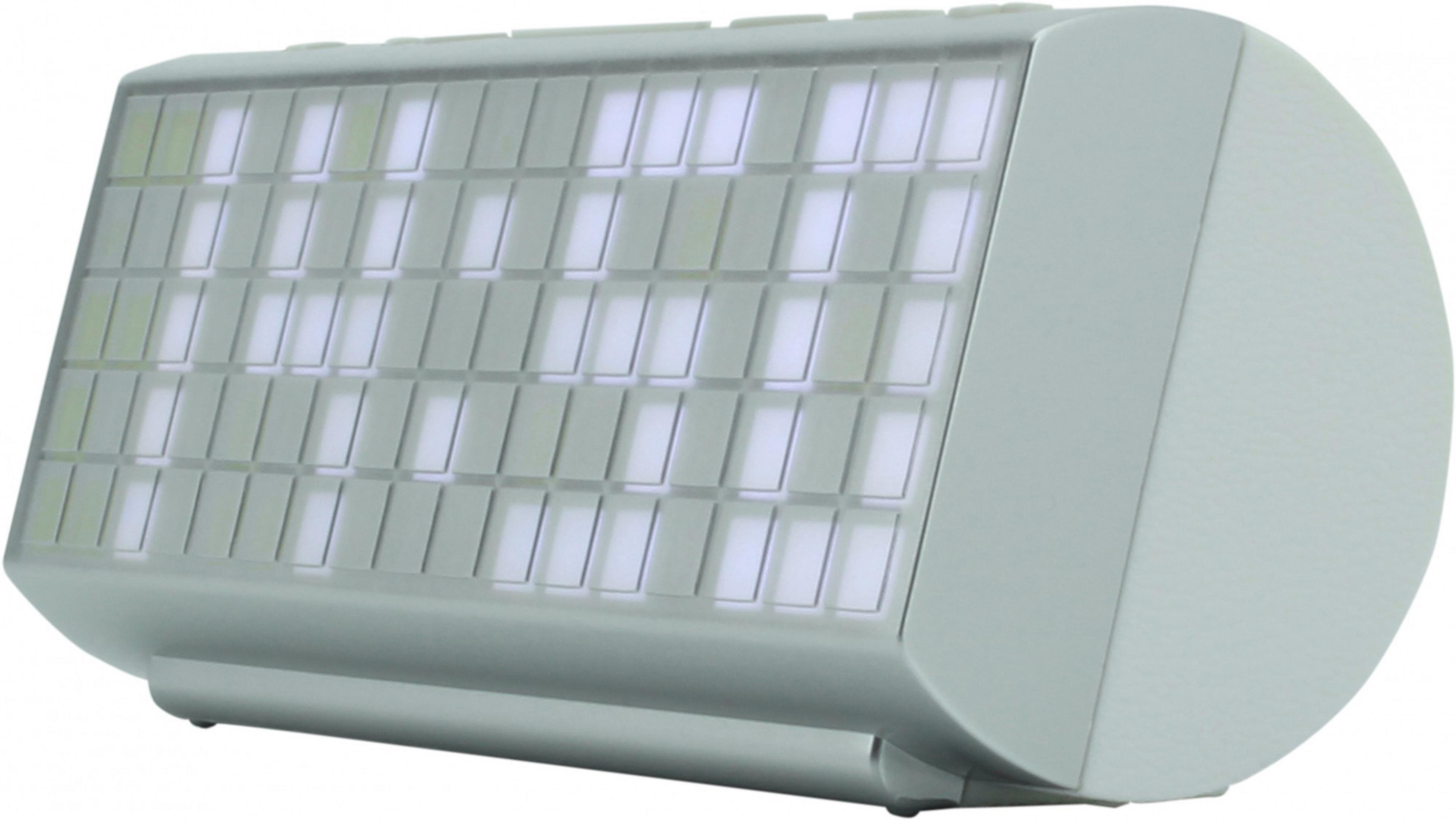 Szary głośnik z podświetlanym wyświetlaczem. Wyświetlacz pokazuje siatkę białych kwadratów na szarym tle.