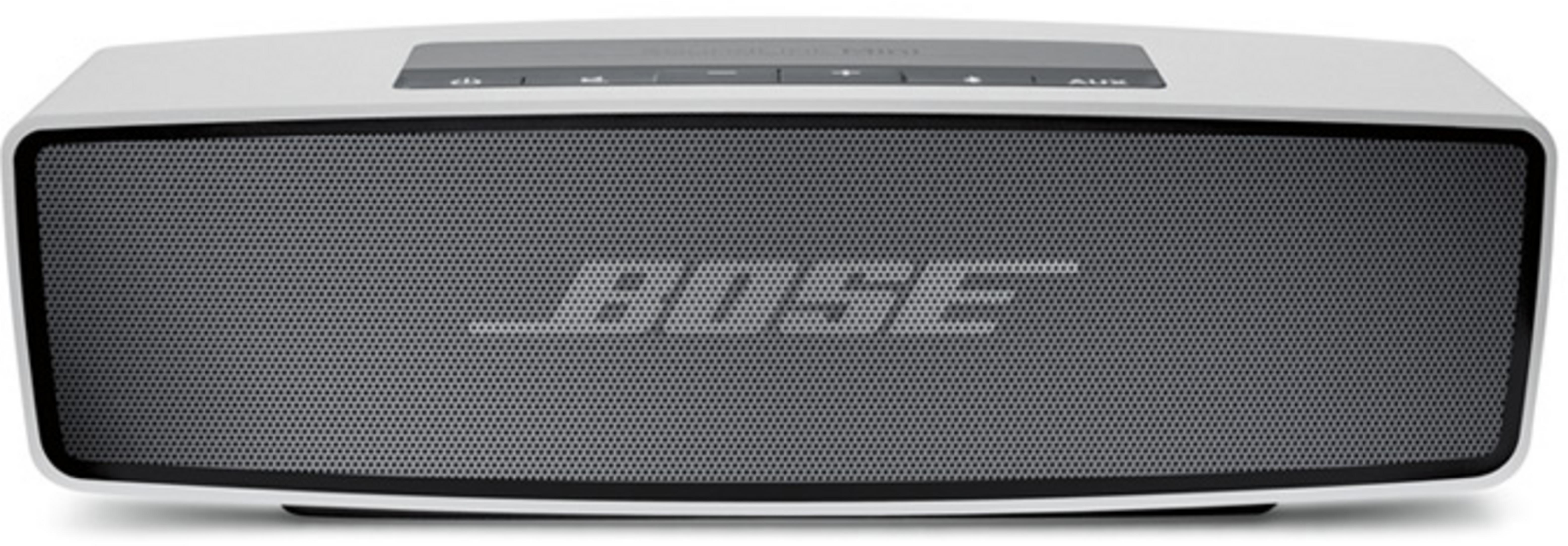 Weißer und grauer Bose-Lautsprecher mit BOSE-Logo in der Mitte.
