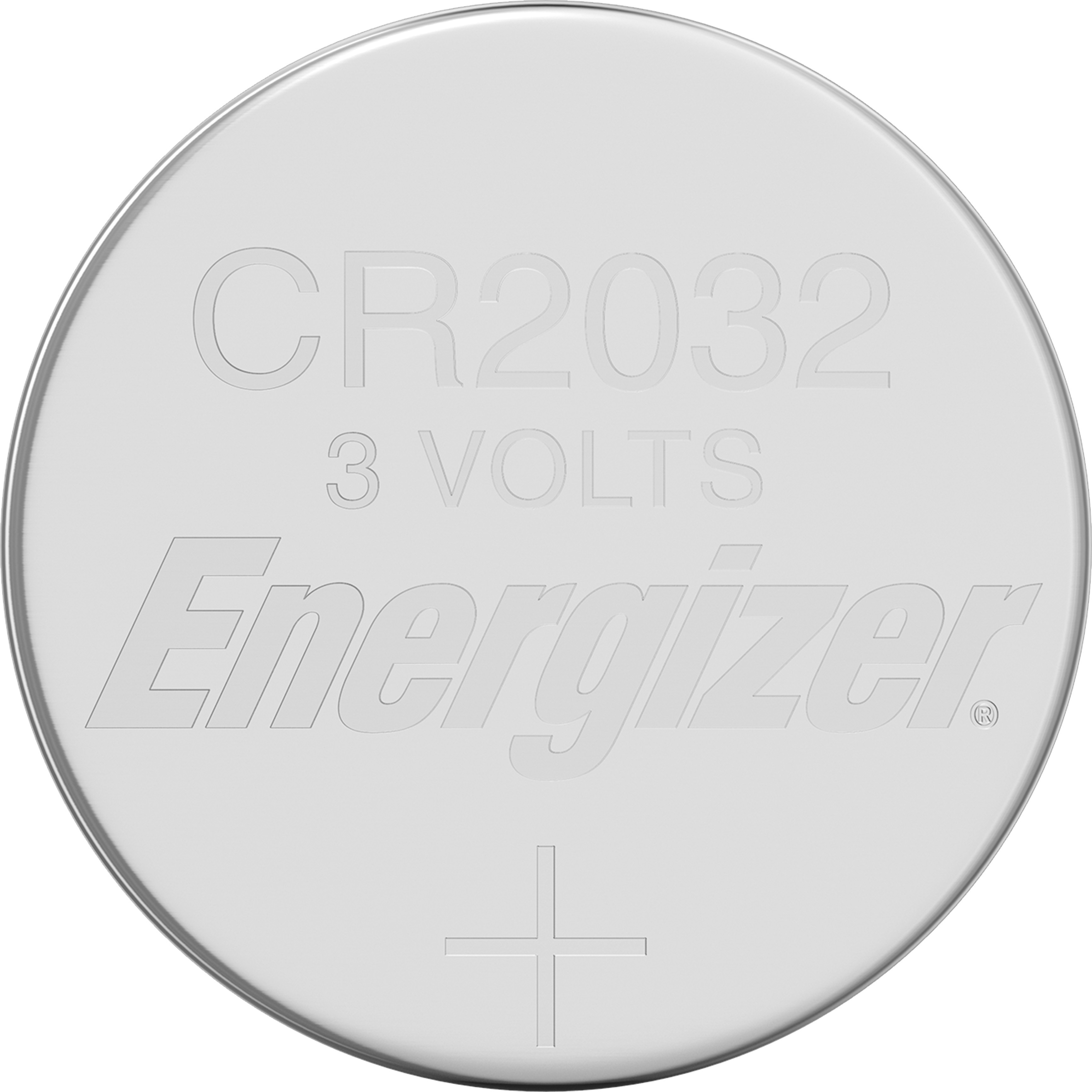 Bateria CR2032, srebrna, białe tło, tekst: CR2032, 3 VOLTS, Energizer.