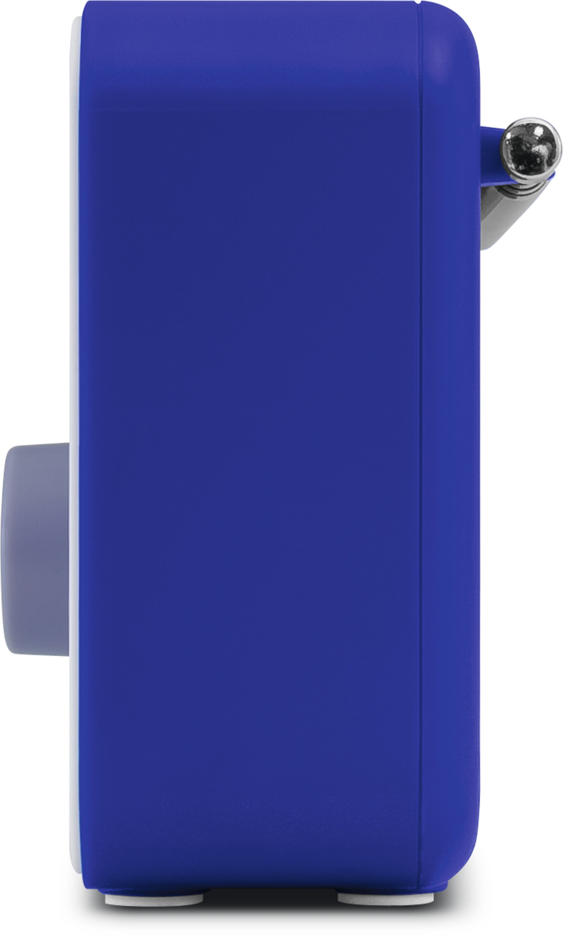 Widok z boku niebieskiego radia z białym przodem, z pokrętłem głośności i anteną.