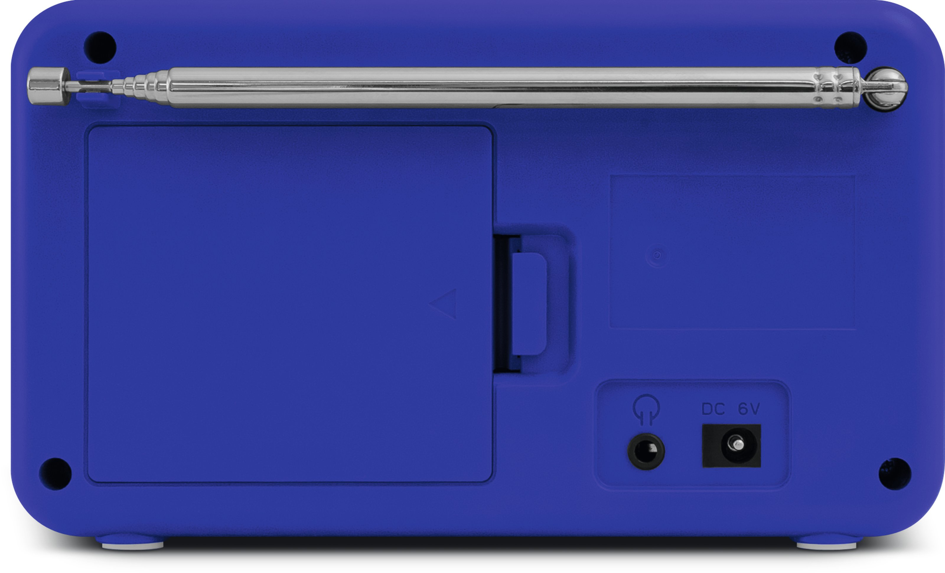 Tył niebieskiego radia, pokazujący komorę baterii i wejścia DC 6V oraz słuchawkowe.