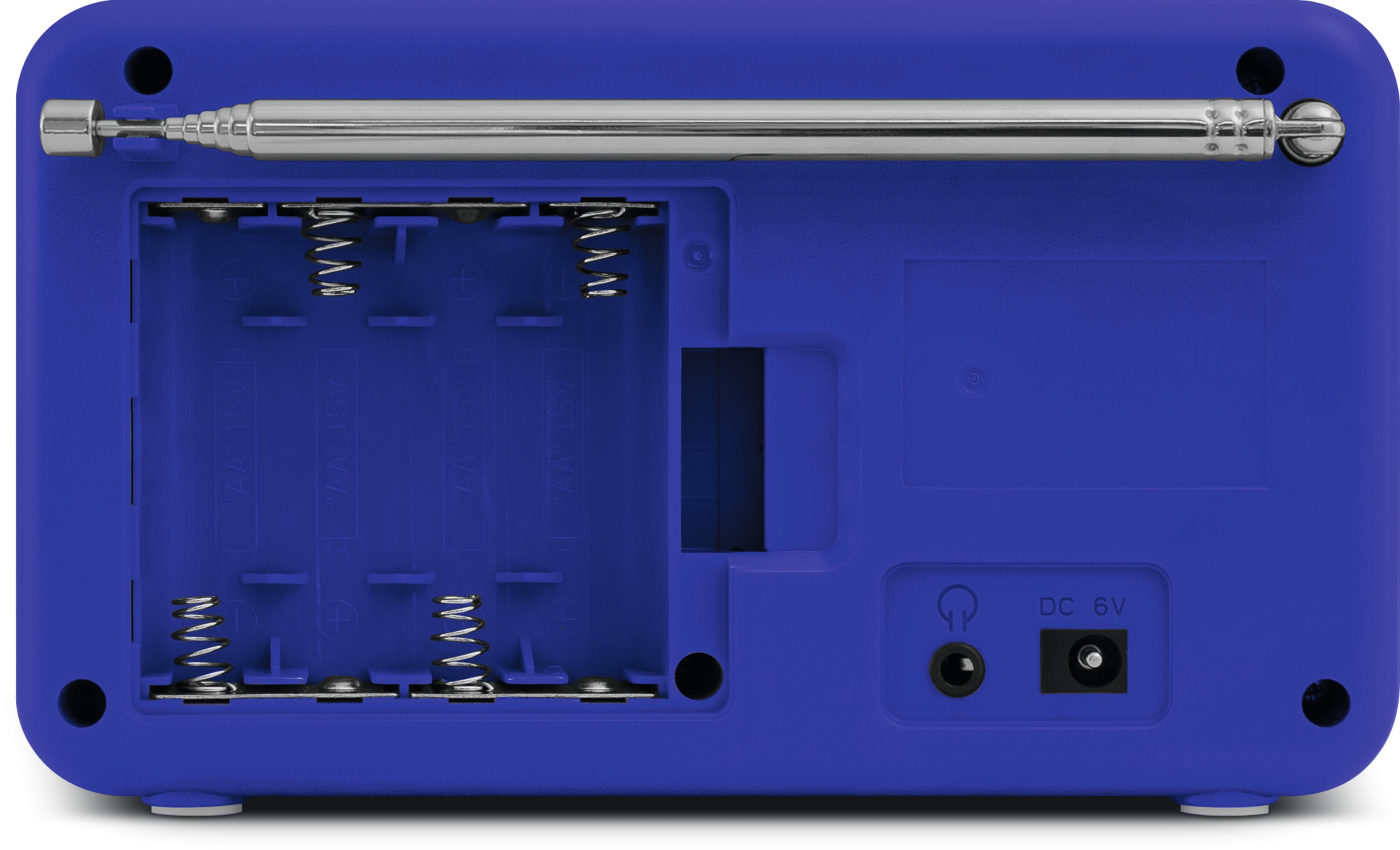 Tył niebieskiego radia z komorą baterii, wejściem DC 6V i gniazdem słuchawkowym.