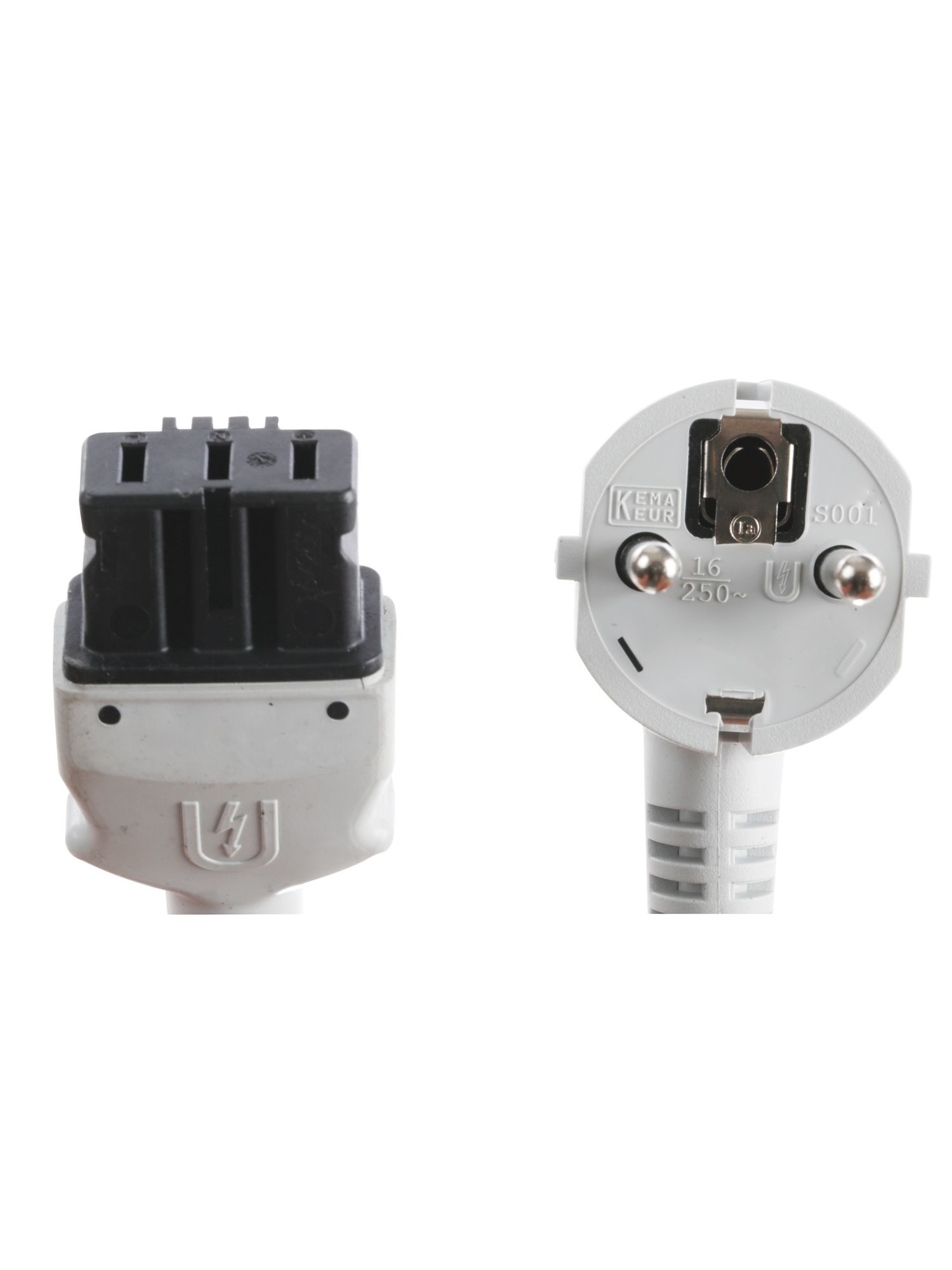 Dwie białe wtyczki. Jedna z trzema bolcami, druga okrągła z dwoma. Białe tło.