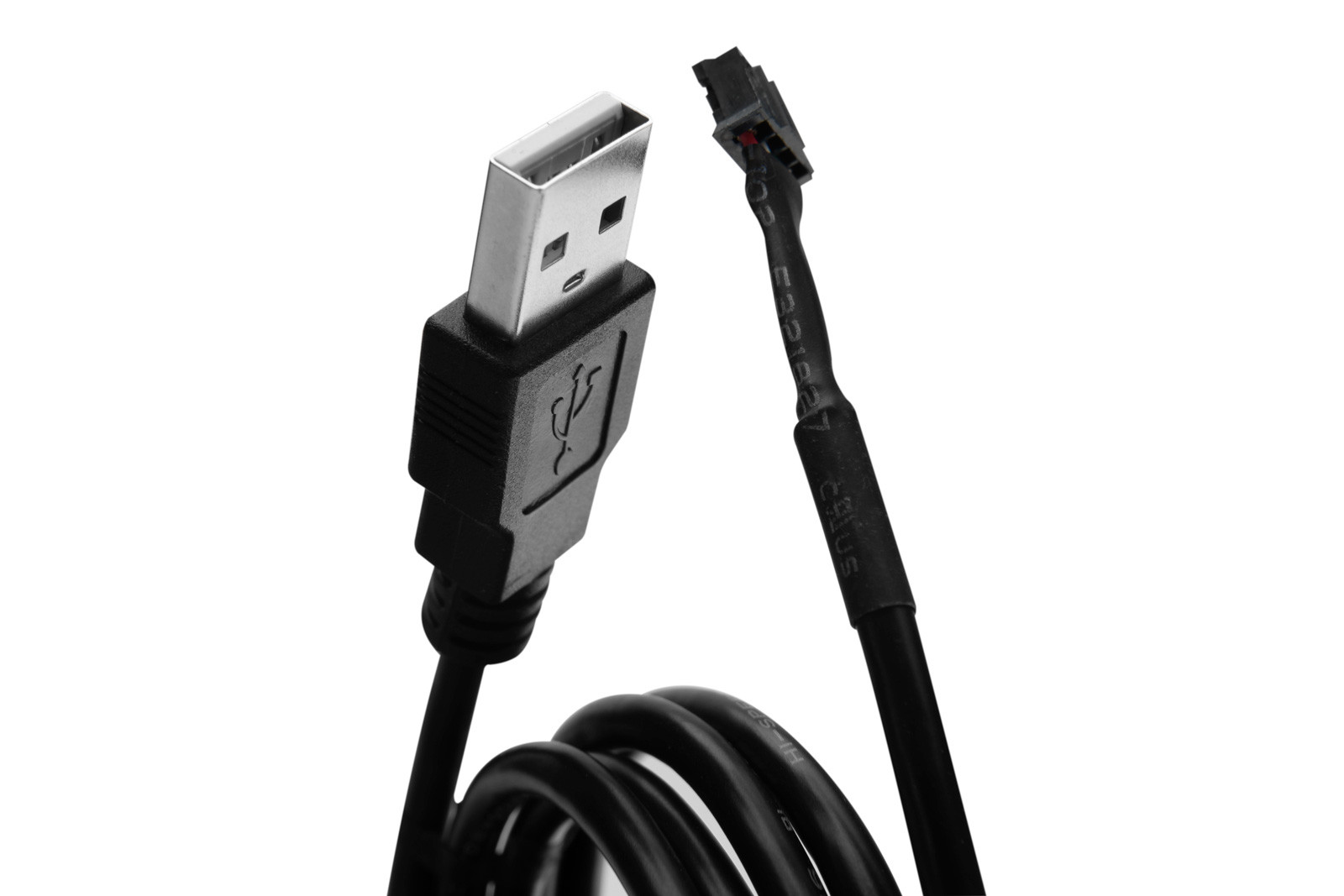 Black USB cable with a USB connector and another end, isolated on white.