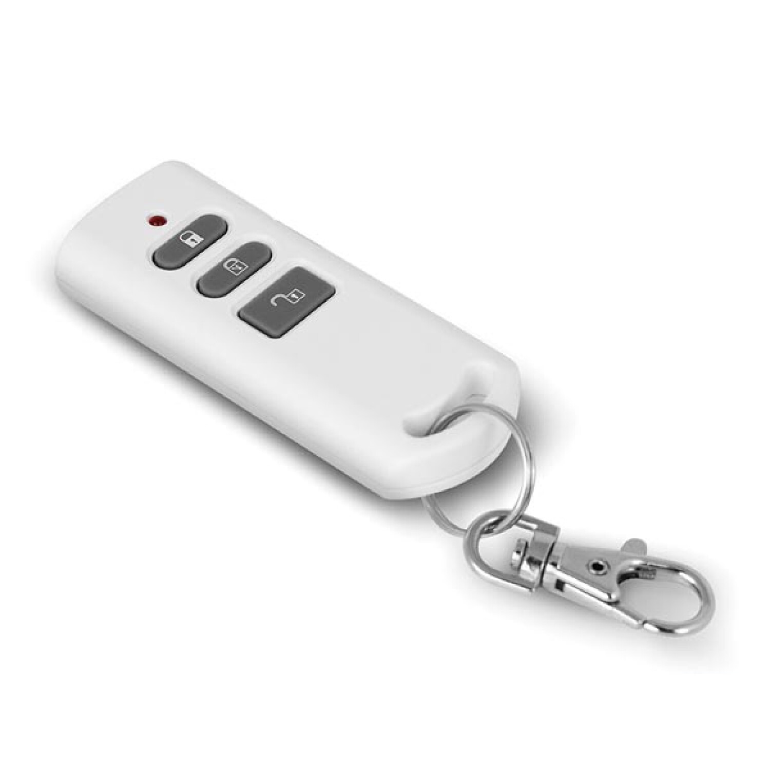 Biały pilot z trzema przyciskami i klipsem do breloczka. Białe tło.