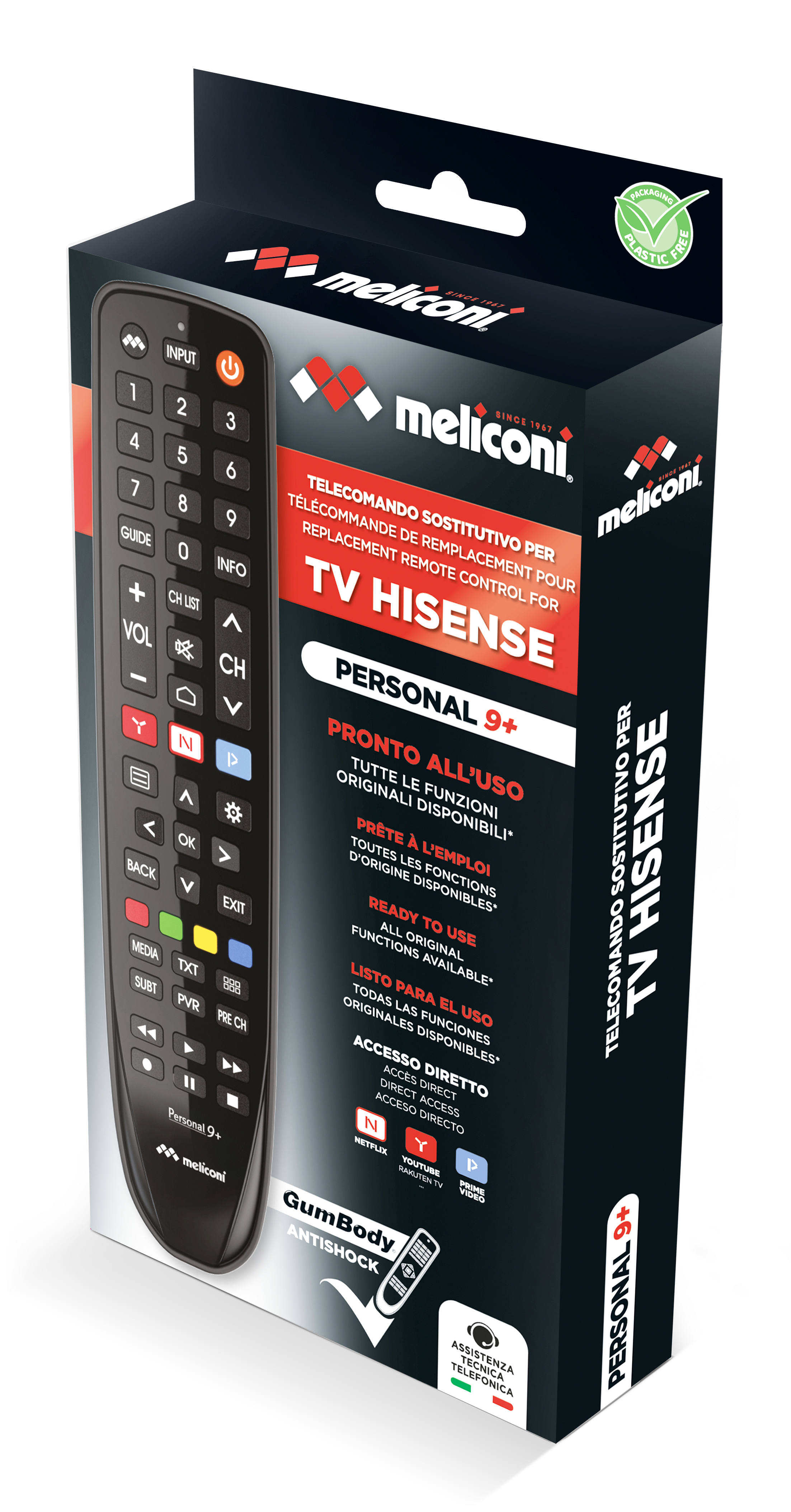 Pudełko pilota Meliconi do telewizora Hisense, pokazujące pilota i tekst.