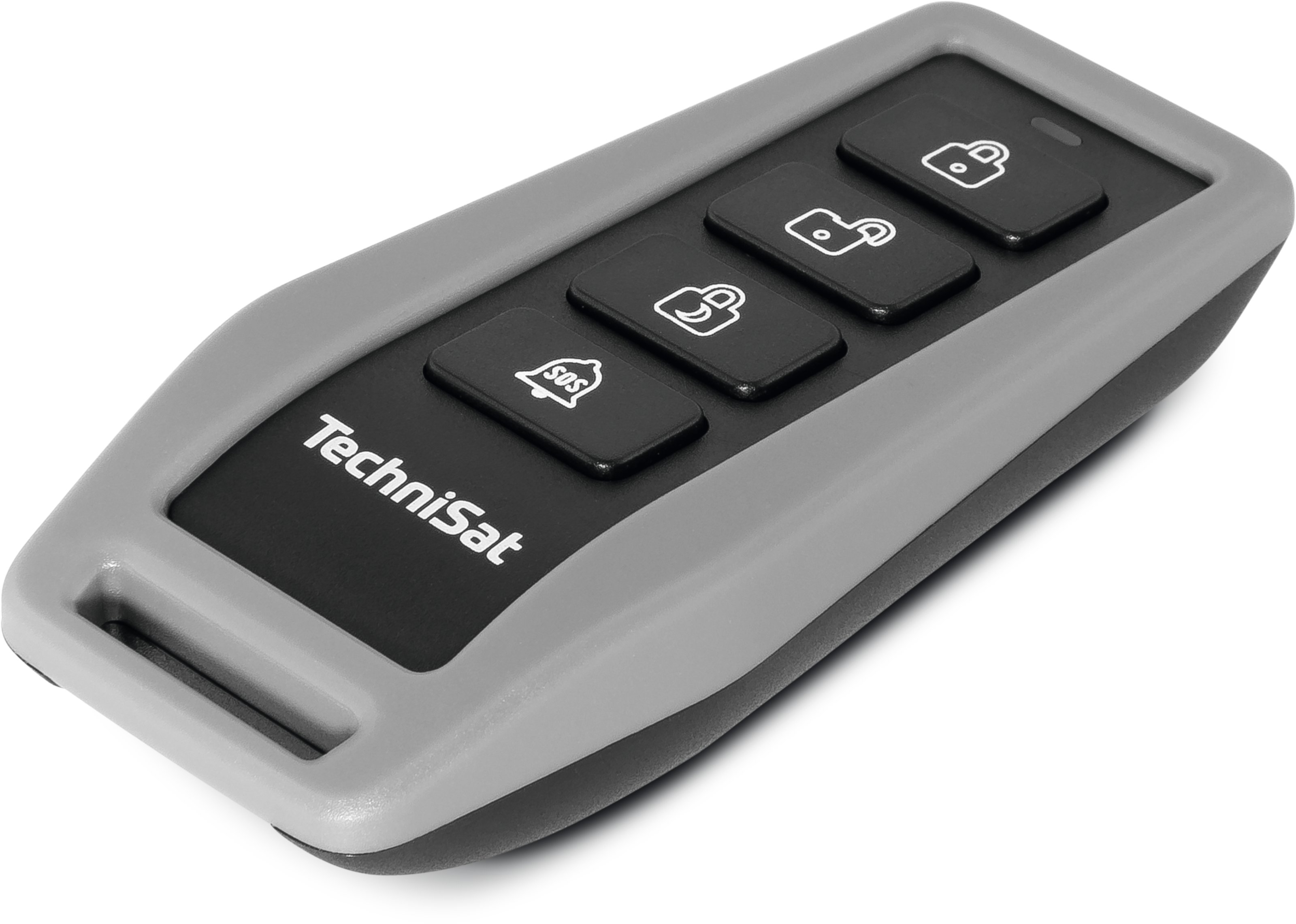 Szary pilot z czarnymi przyciskami. Ma logo TechniSat.