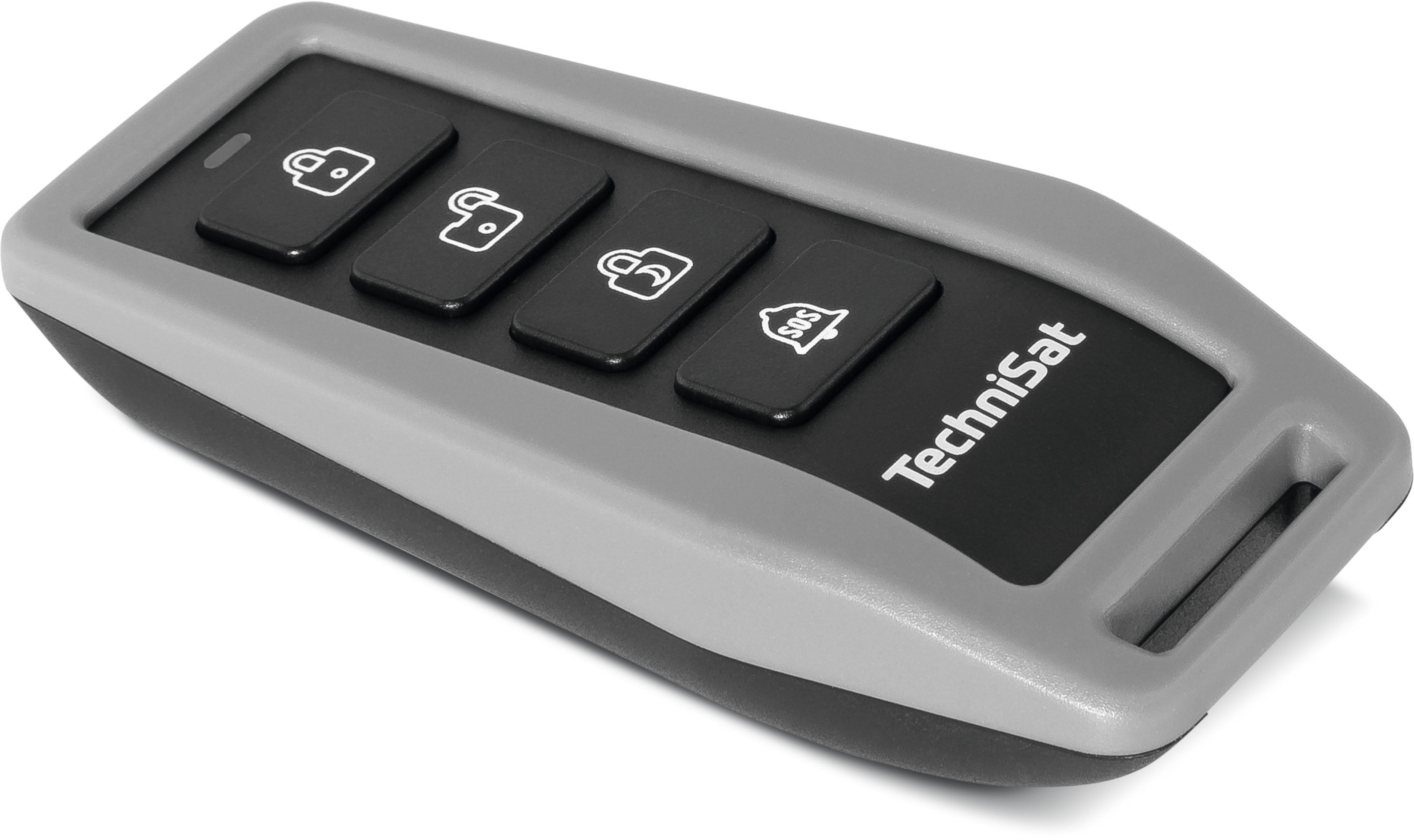 Czarny i szary pilot z czterema przyciskami i nazwą 'TechniSat'.