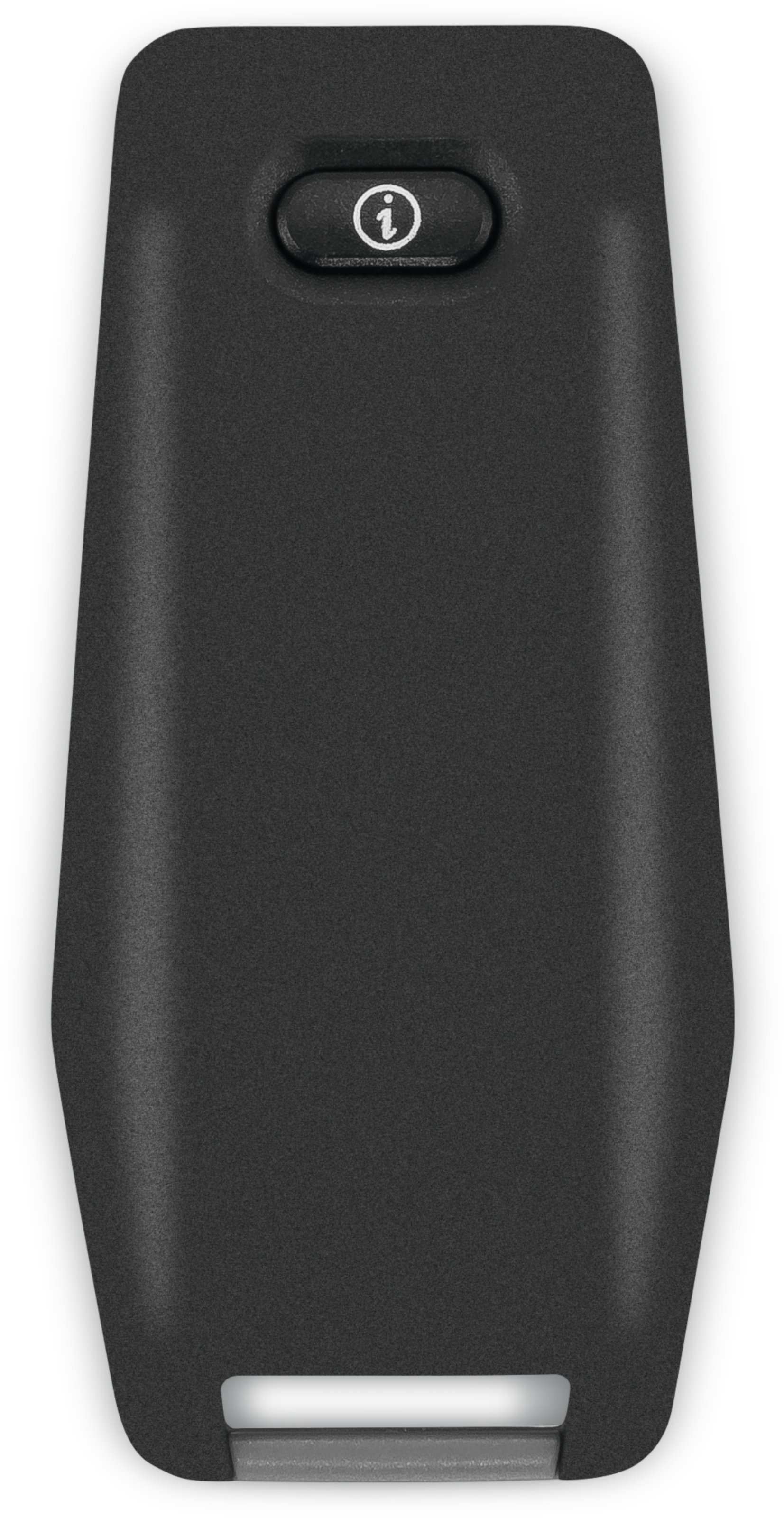 Czarny pilot z przyciskiem informacji. Powierzchnia ma teksturowane wykończenie.