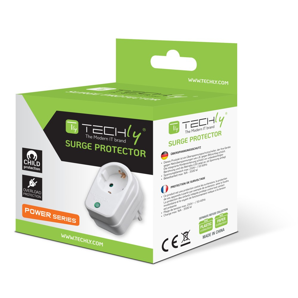 Biało-zielone pudełko z ochroną przeciwprzepięciową, z tekstem i białym gniazdem. Zawiera etykiety ostrzegawcze.