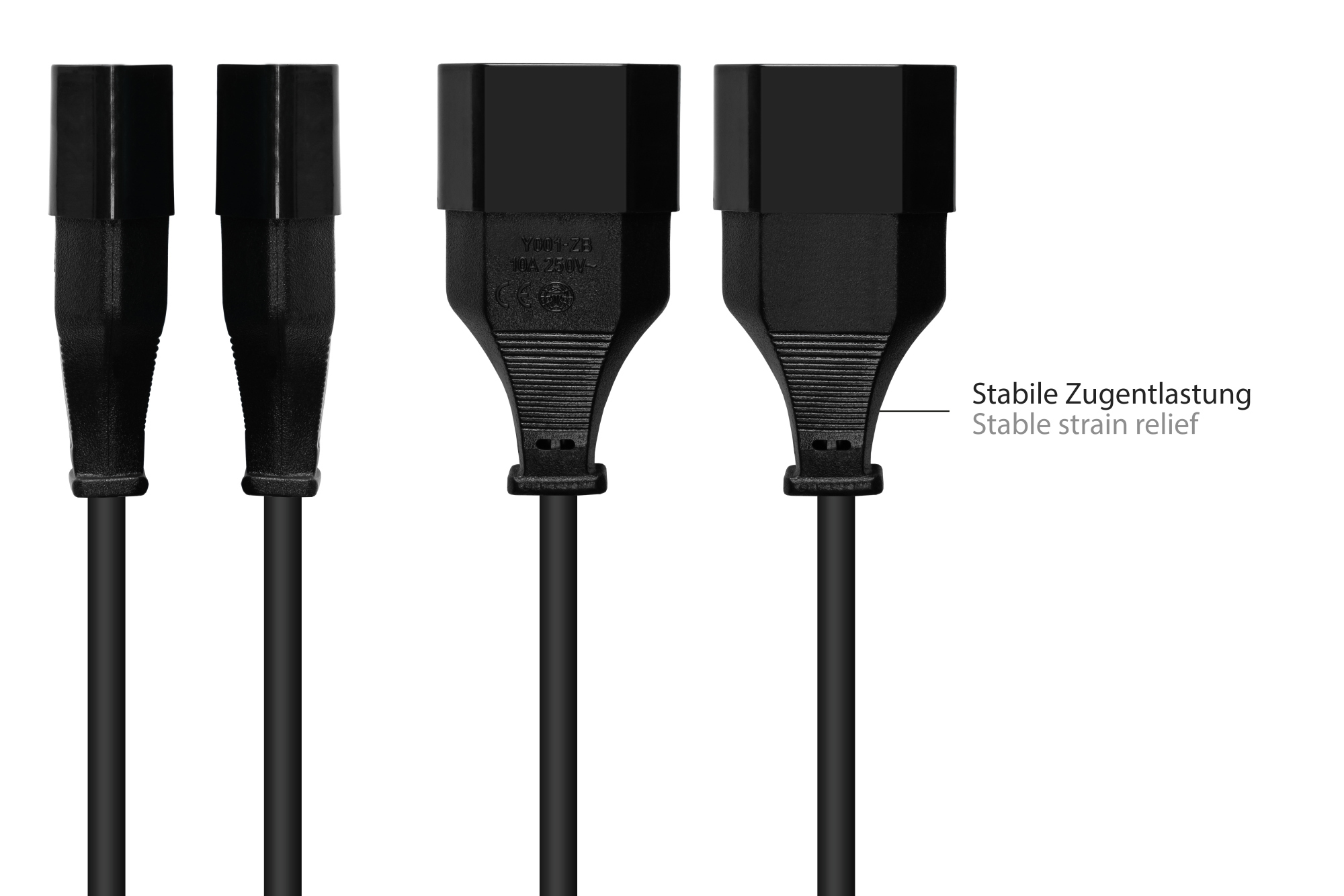 Czarny złącza przewodu zasilającego z białą etykietą tekstową z napisem 'Stable strain relief'.